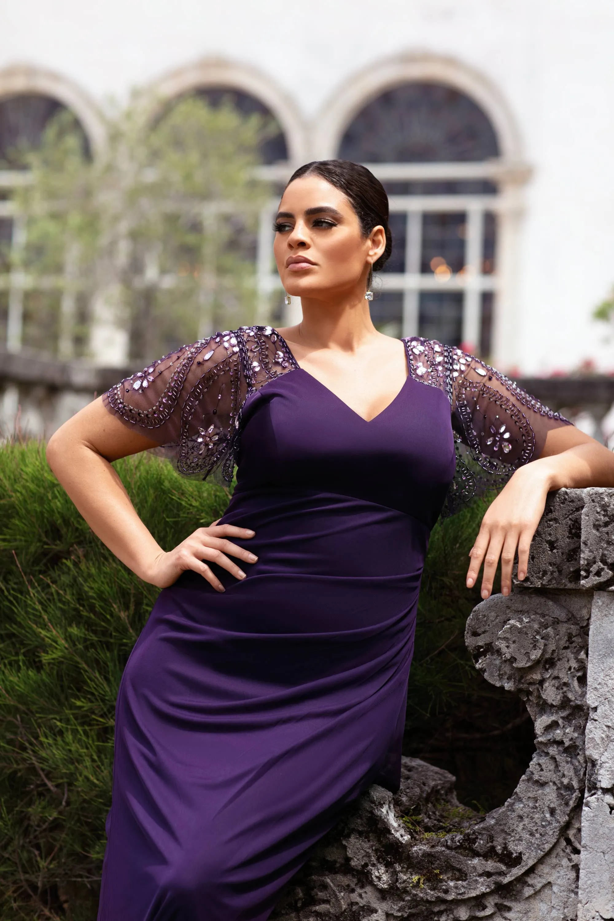 Plus "Lana" Long V-Neck Beaded Flutter Sleeve Dress sold by Xscape product image thumbnail 5