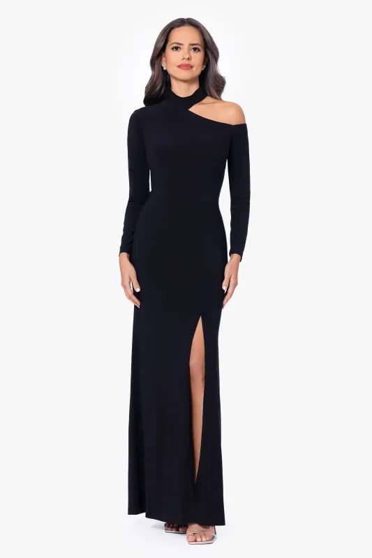 "Aletta" Jersey Knit Long Sleeve One Shoulder Cut Out Long Dress sold by Xscape