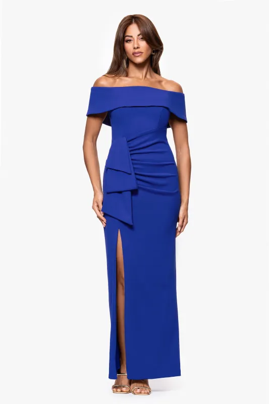 Petite "Camila" Long Off the Shoulder Scuba Crepe Dress sold by Xscape