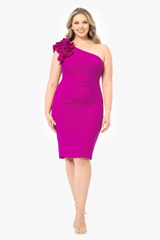 Plus "Amy" One Shoulder Ruffle Scuba Crepe Knee Length Dress sold by Xscape