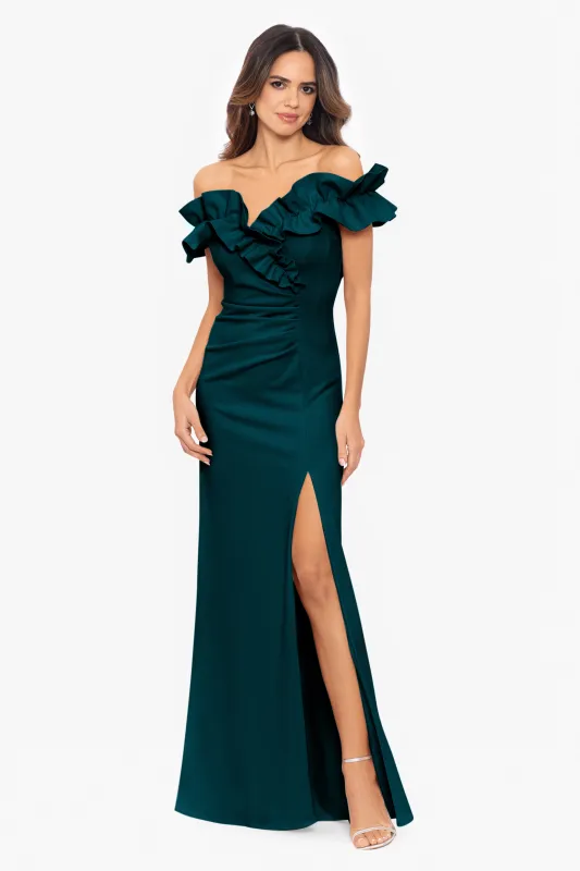 "Pandora" Long Scuba Crepe Ruffle Top Dress made by Xscape