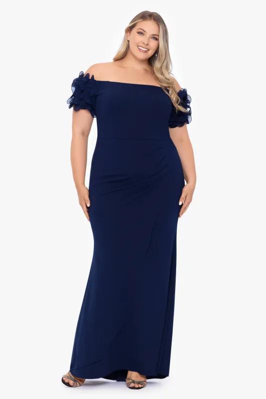 Plus "Ashlyn" Long Off the Shoulder Wire Flower Gown sold by Xscape