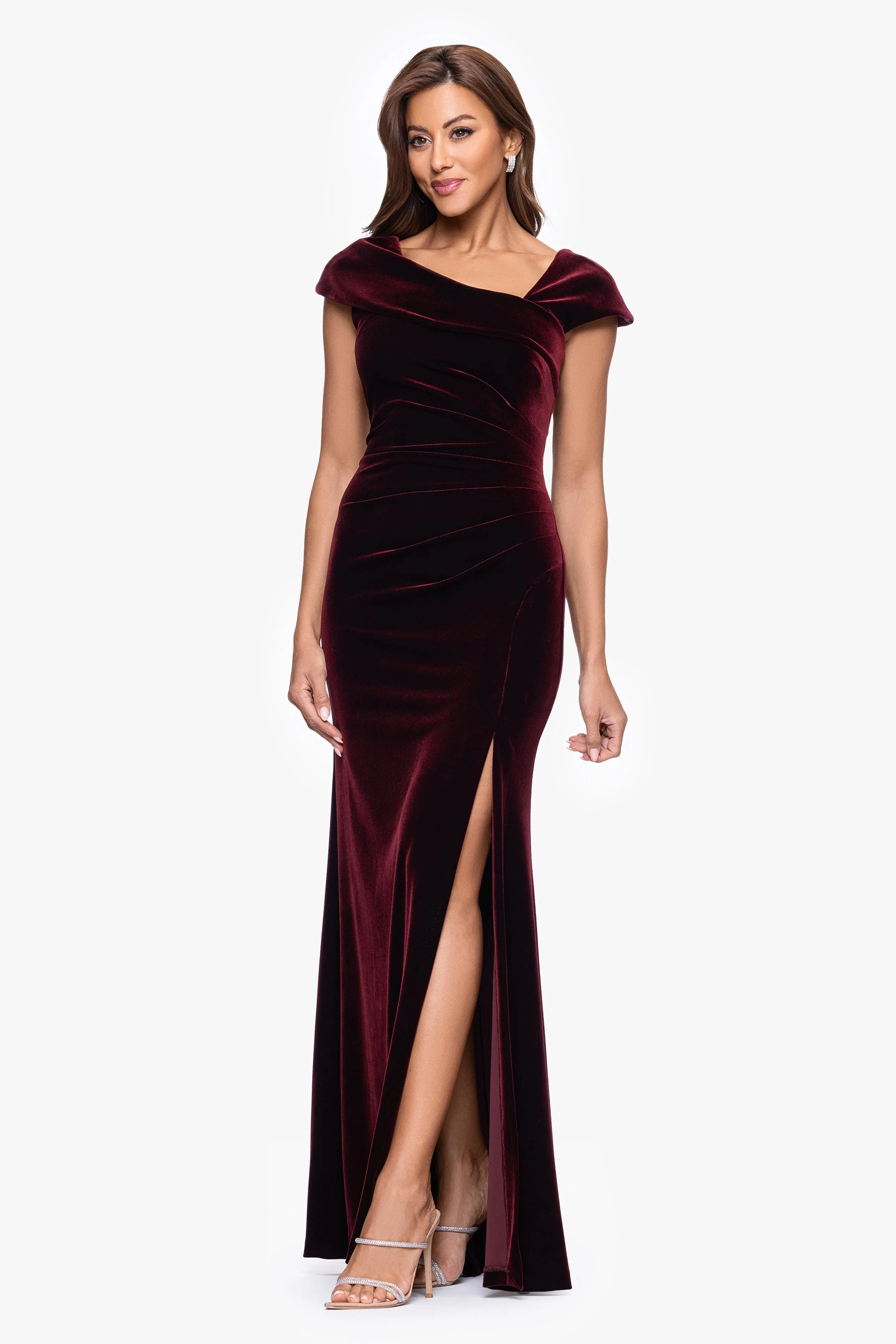 "Katrina" Velvet Asymmetrical Neckline Cap Sleeve Floor Length Dress sold by Xscape product image thumbnail 4