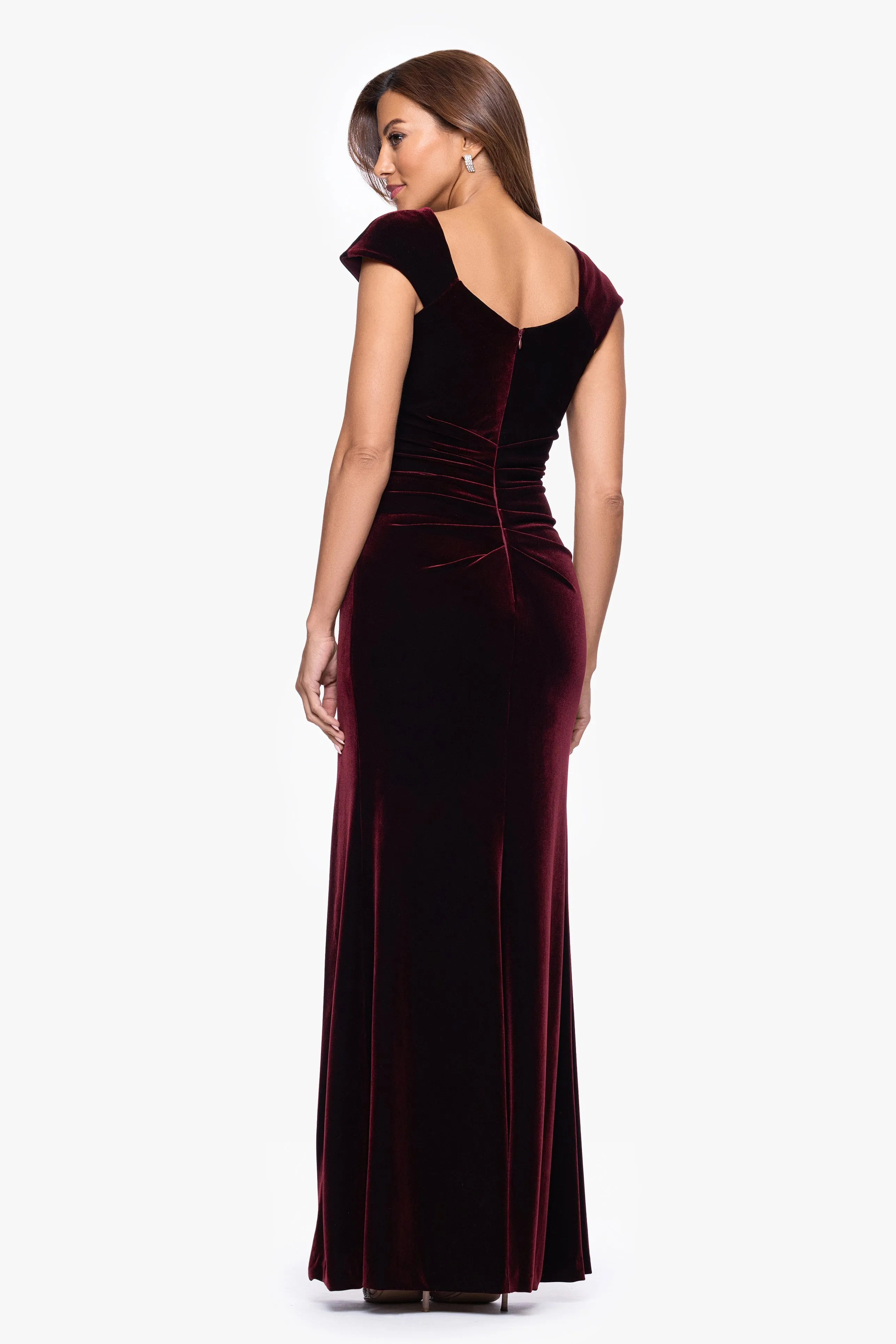 "Katrina" Velvet Asymmetrical Neckline Cap Sleeve Floor Length Dress sold by Xscape product image thumbnail 3