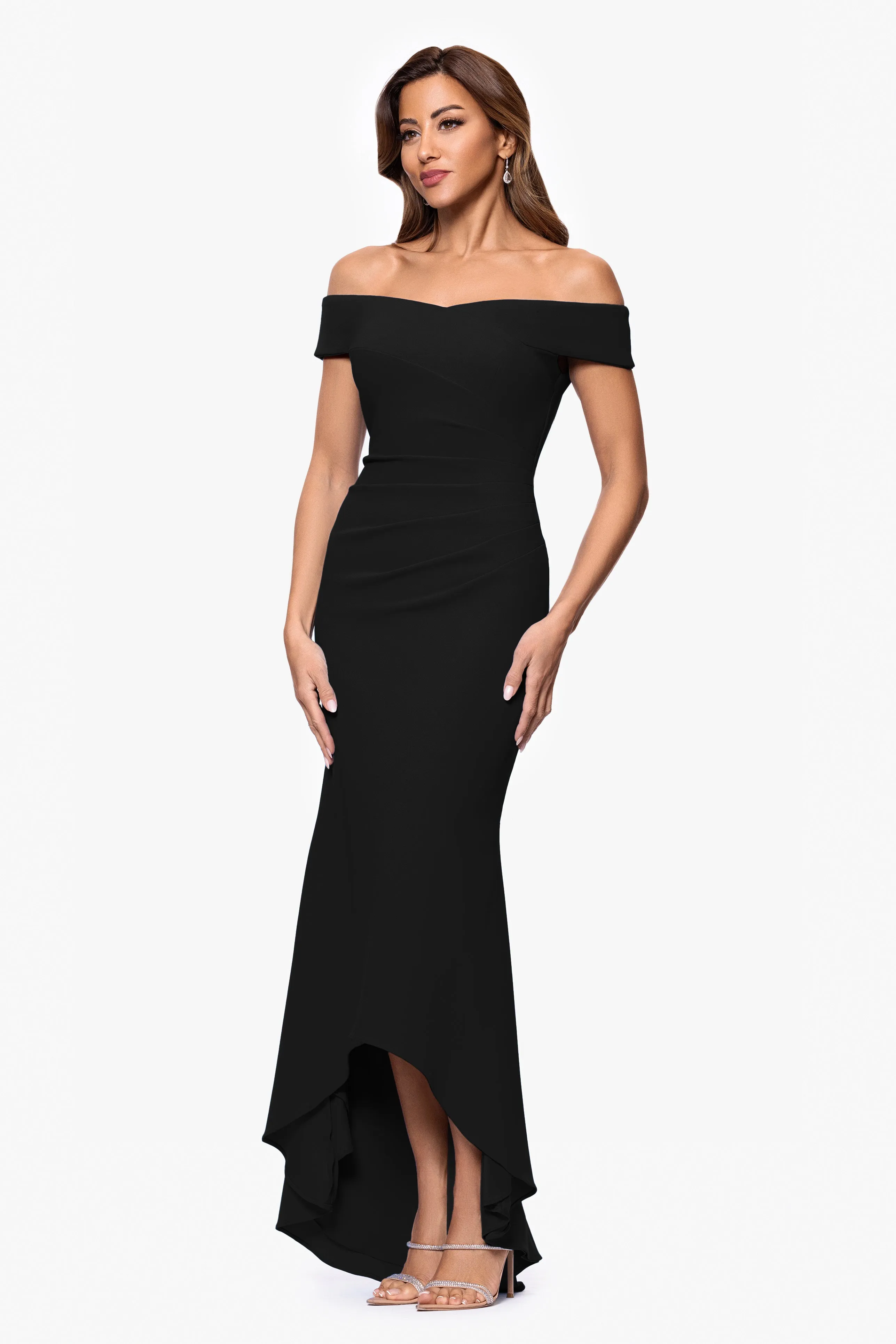 "Serena" Off The Shoulder High Low Long Scuba Crepe Dress sold by Xscape