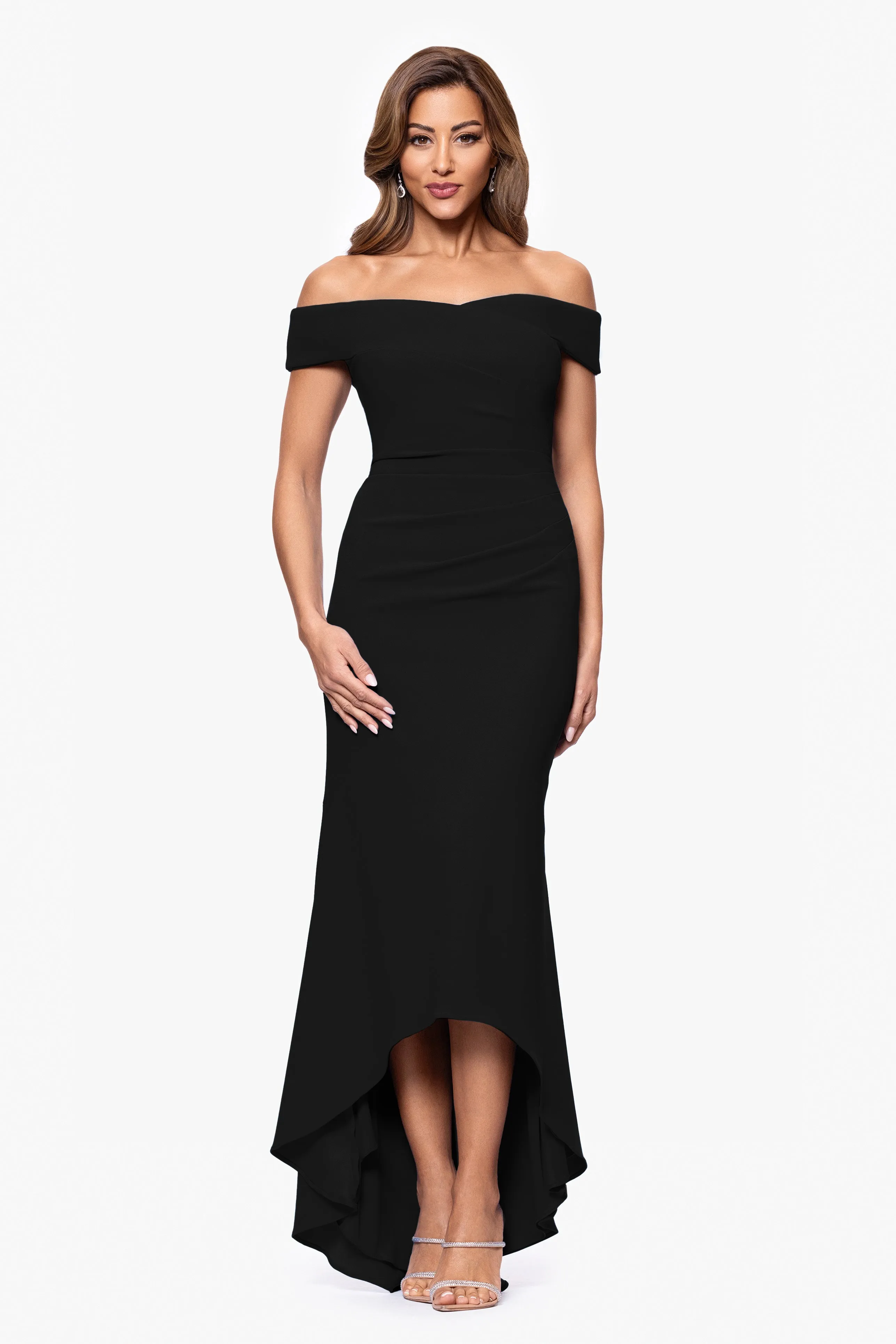 "Serena" Off The Shoulder High Low Long Scuba Crepe Dress sold by Xscape product image thumbnail 4