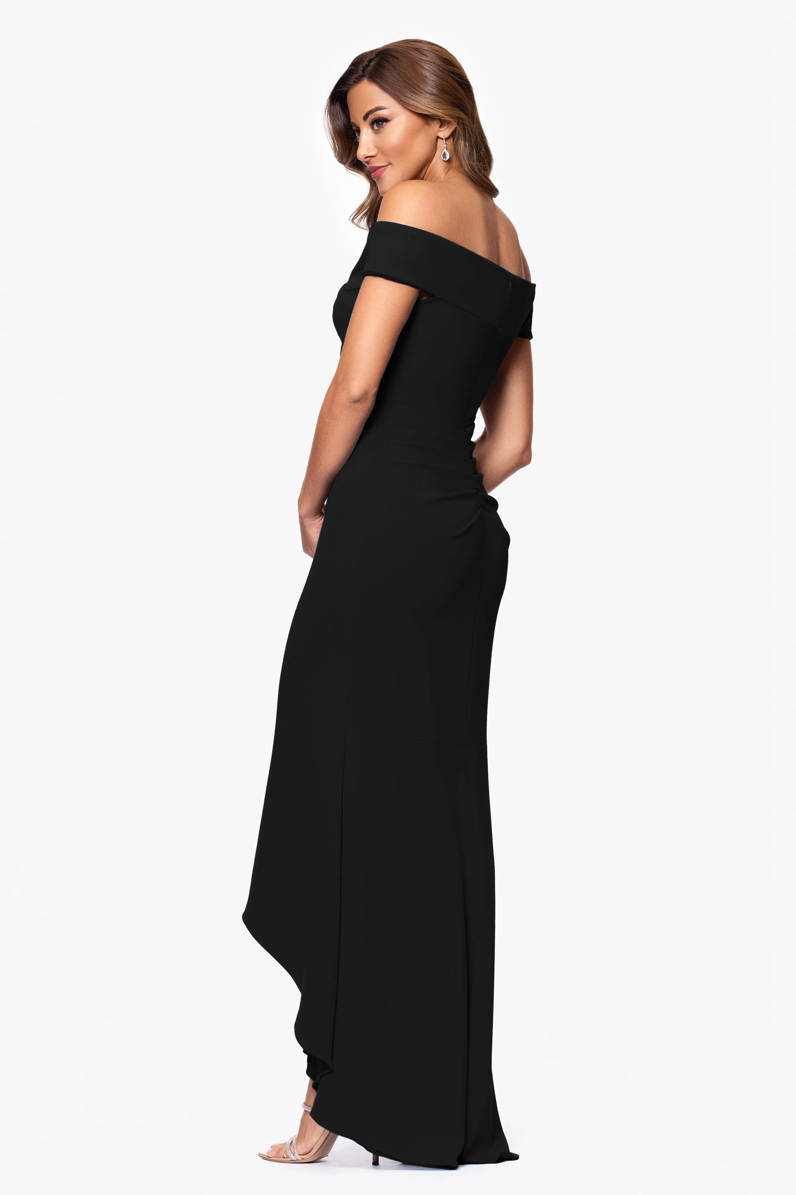 "Serena" Off The Shoulder High Low Long Scuba Crepe Dress sold by Xscape product image thumbnail 3