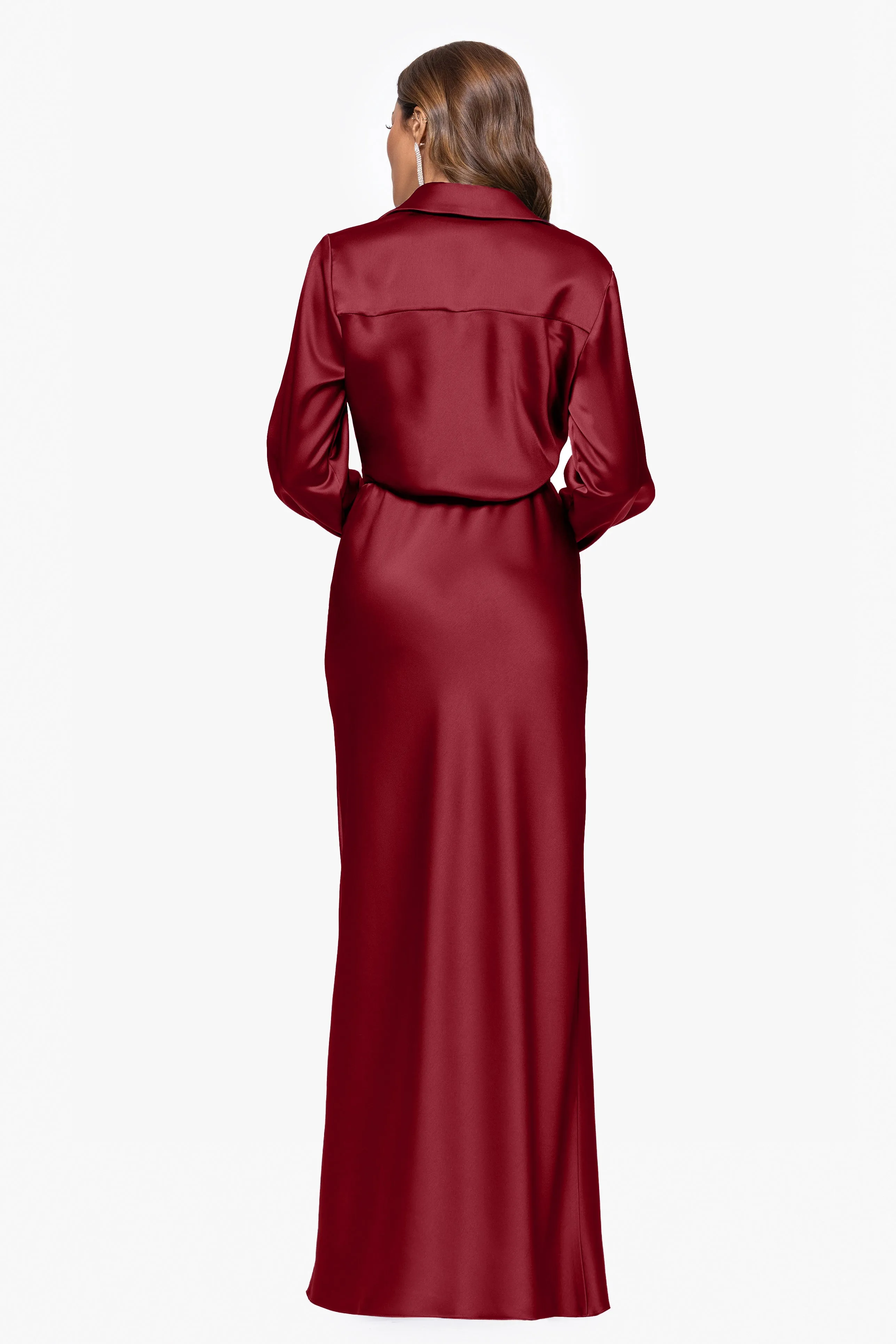 "Emery" Long Satin Long Sleeve Collared Dress sold by Xscape product image thumbnail 3