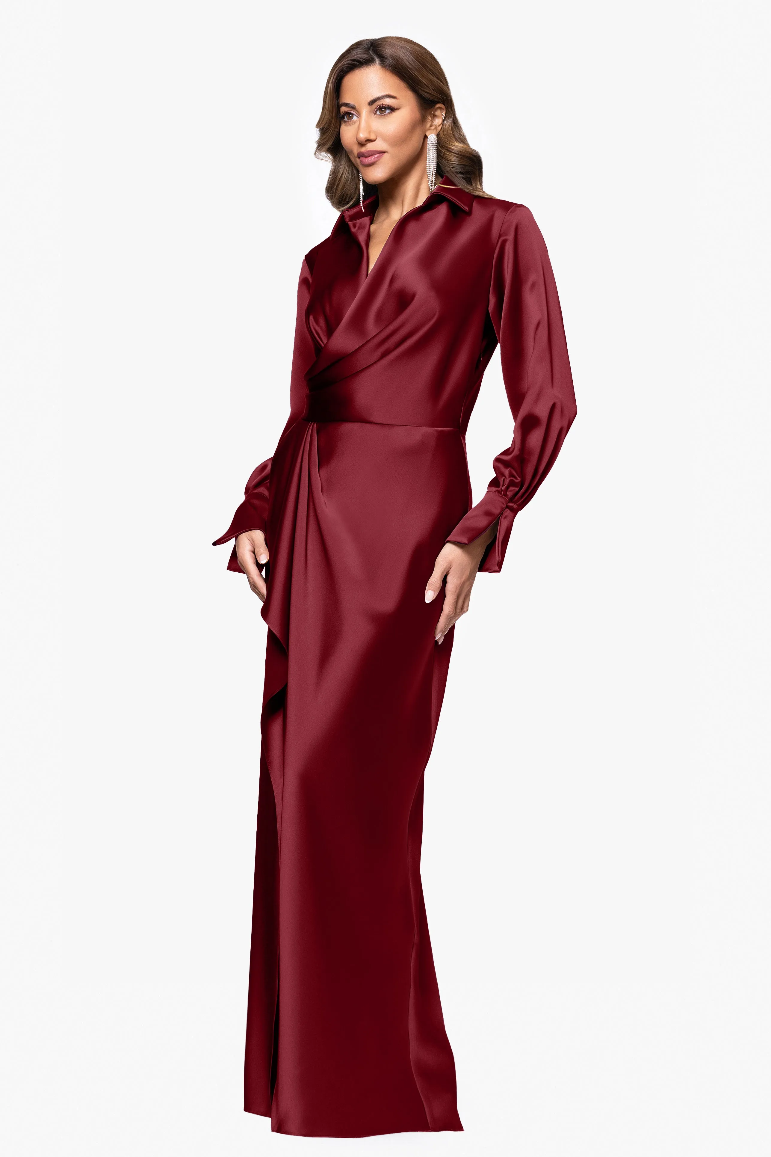 "Emery" Long Satin Long Sleeve Collared Dress sold by Xscape product image thumbnail 4