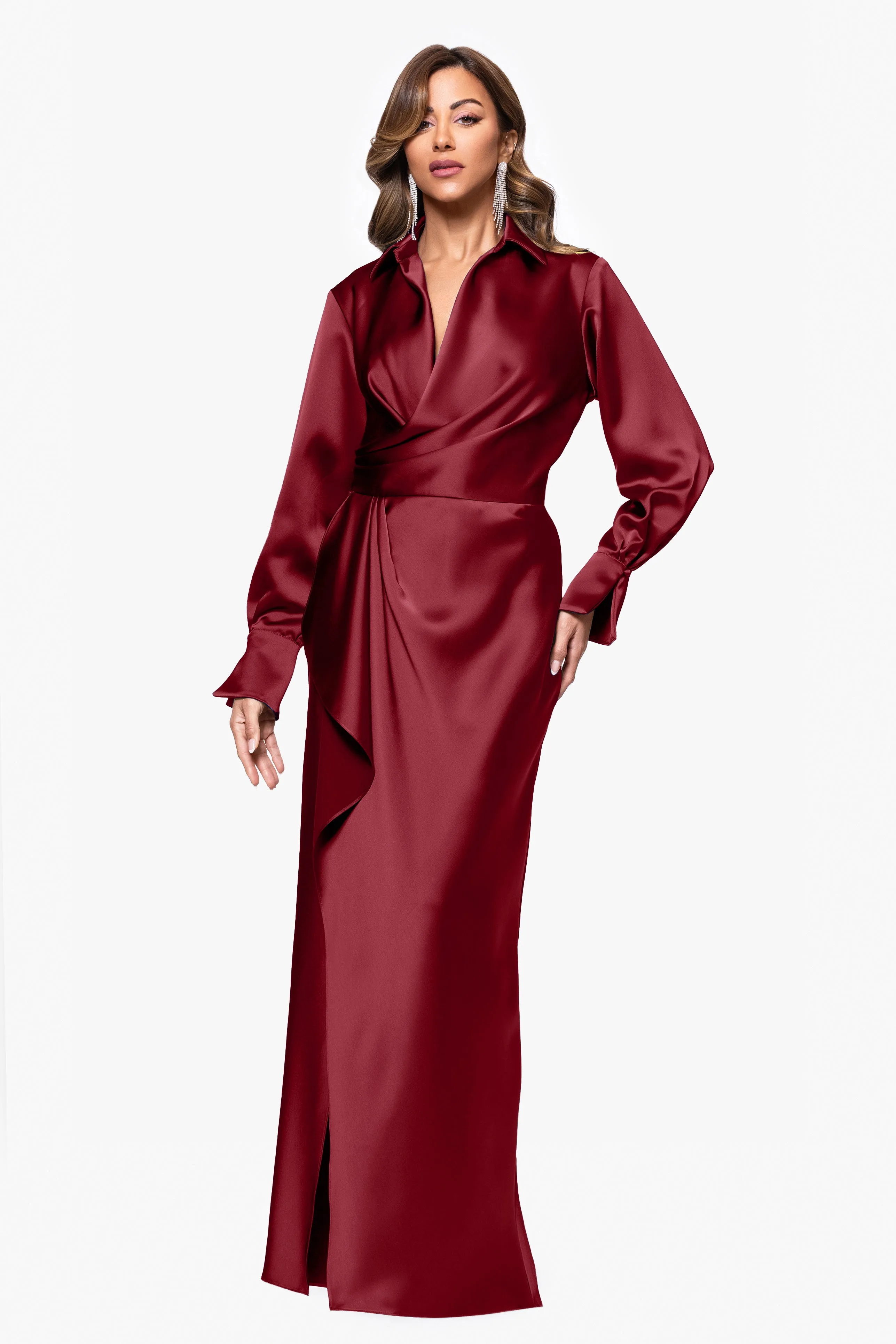 "Emery" Long Satin Long Sleeve Collared Dress sold by Xscape