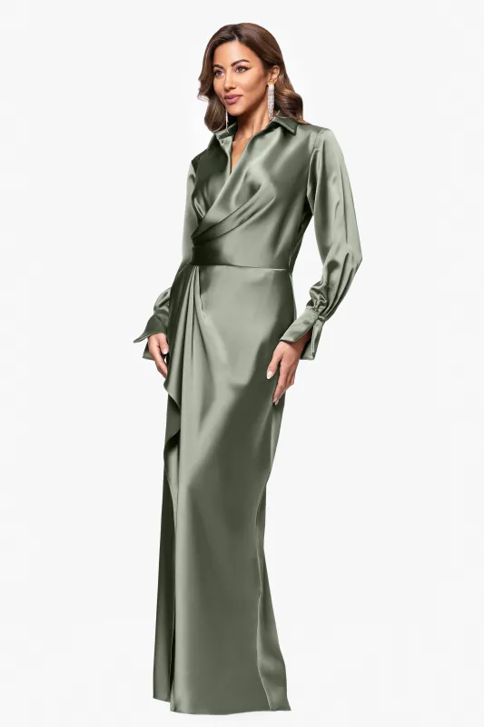 "Emery" Long Satin Long Sleeve Collared Dress sold by Xscape
