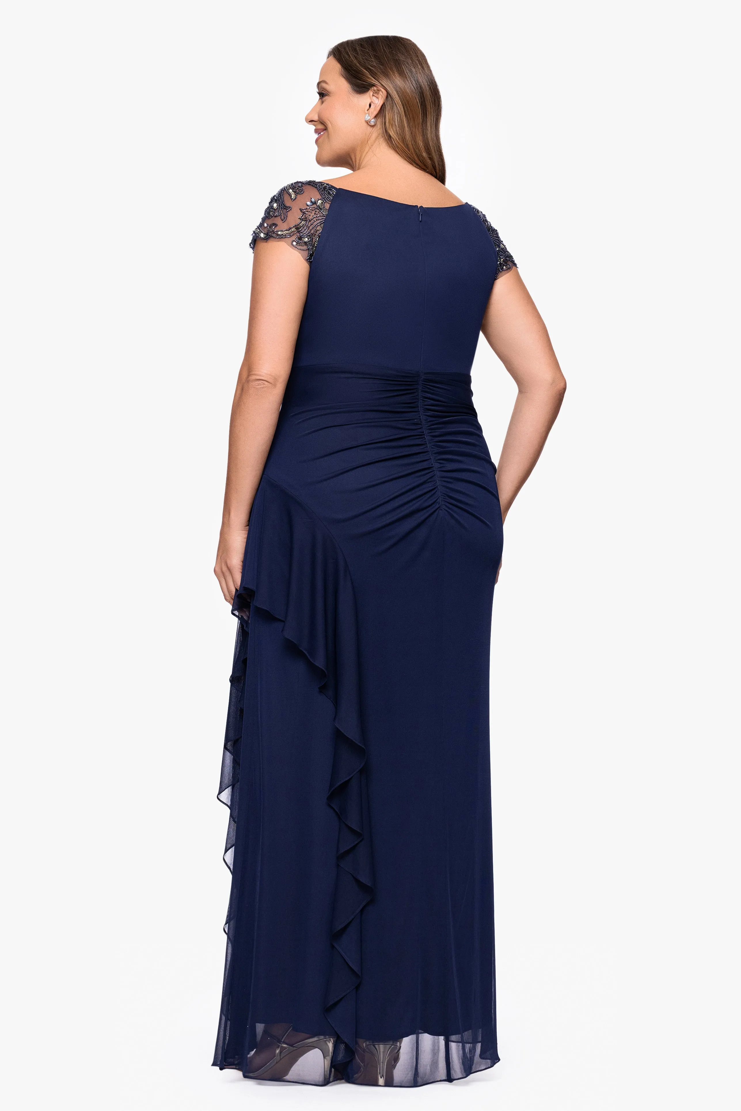 Plus "Cathleen" Sheer Matte Jersey Beaded Neckline Ruffle Floor Length Dress sold by Xscape product image thumbnail 3