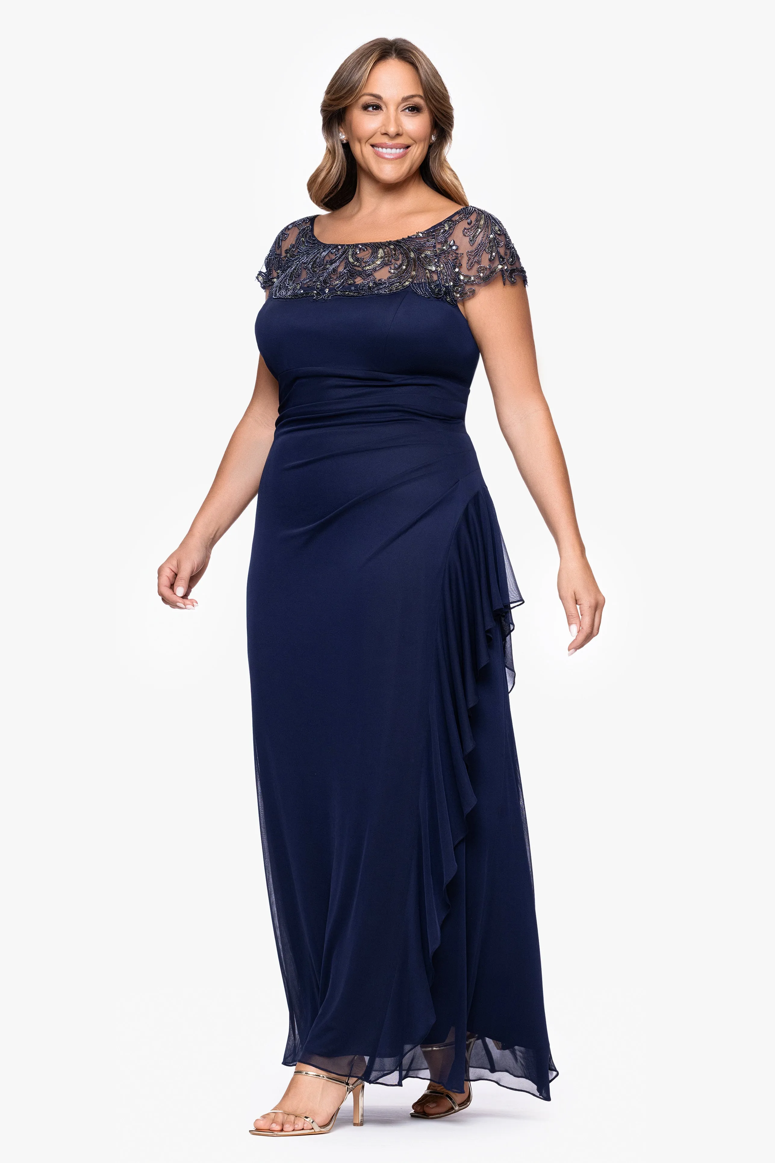 Plus "Cathleen" Sheer Matte Jersey Beaded Neckline Ruffle Floor Length Dress sold by Xscape product image thumbnail 4