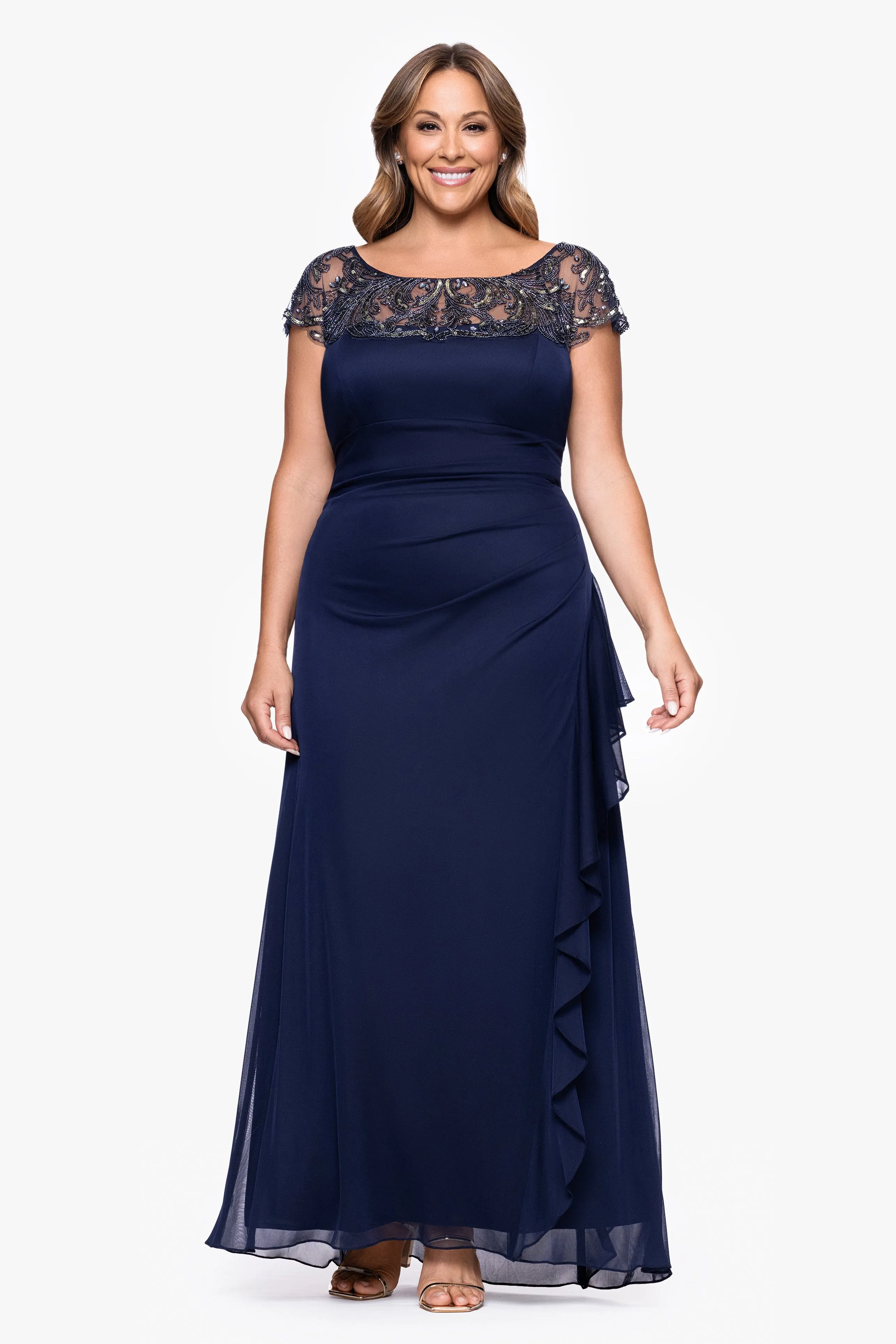 Plus "Cathleen" Sheer Matte Jersey Beaded Neckline Ruffle Floor Length Dress sold by Xscape