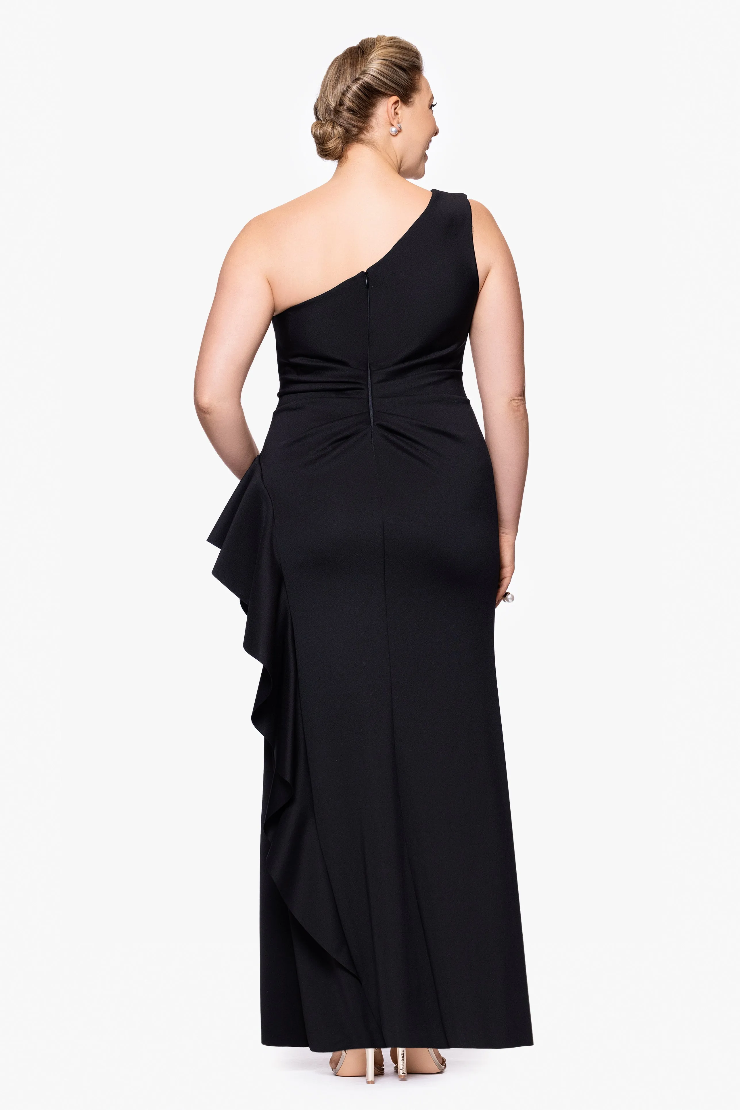 Plus "Flo" Long Techno Scuba One Shoulder Ruffle Dress sold by Xscape product image thumbnail 3
