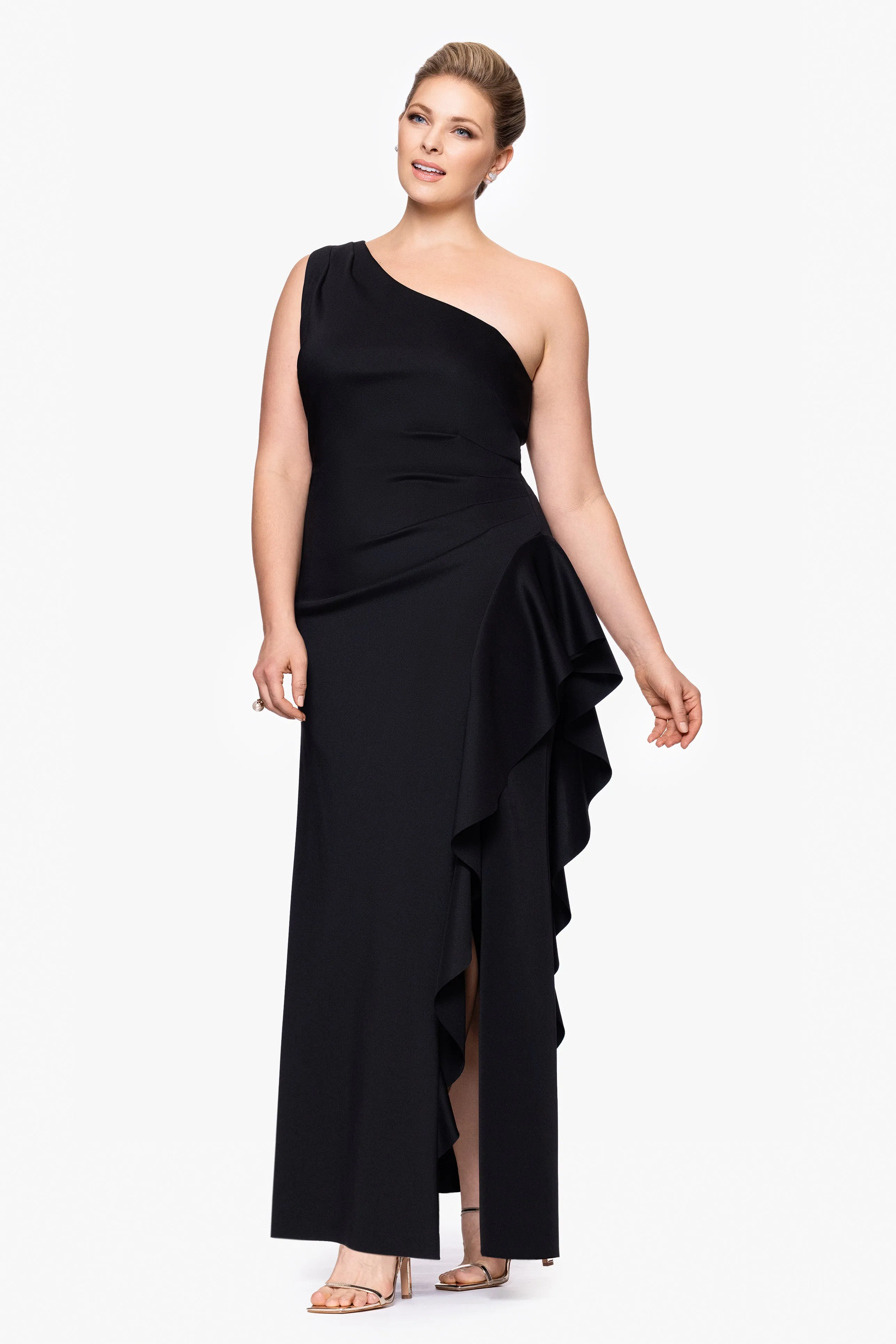 Plus "Flo" Long Techno Scuba One Shoulder Ruffle Dress sold by Xscape product image thumbnail 4