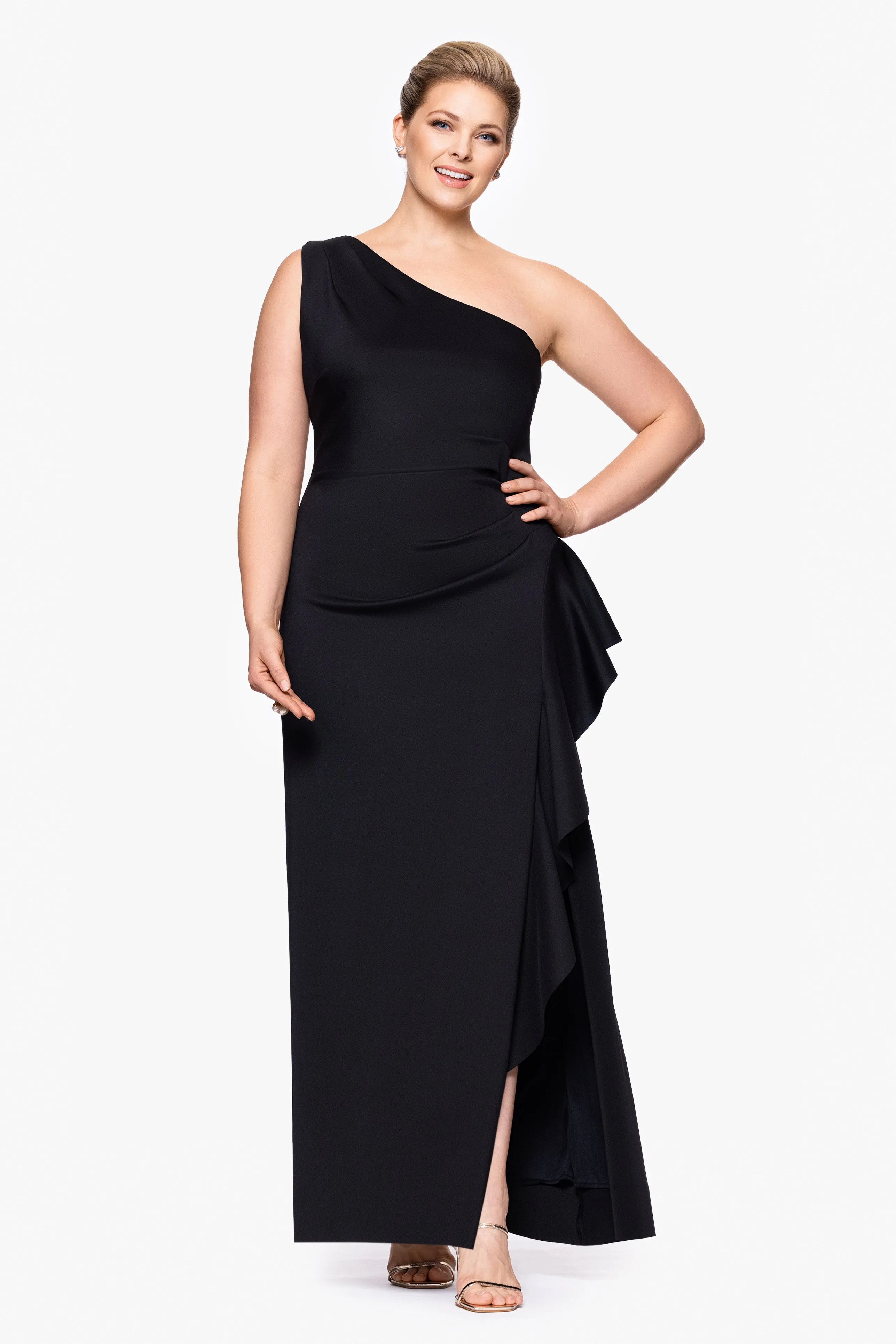 Plus "Flo" Long Techno Scuba One Shoulder Ruffle Dress sold by Xscape
