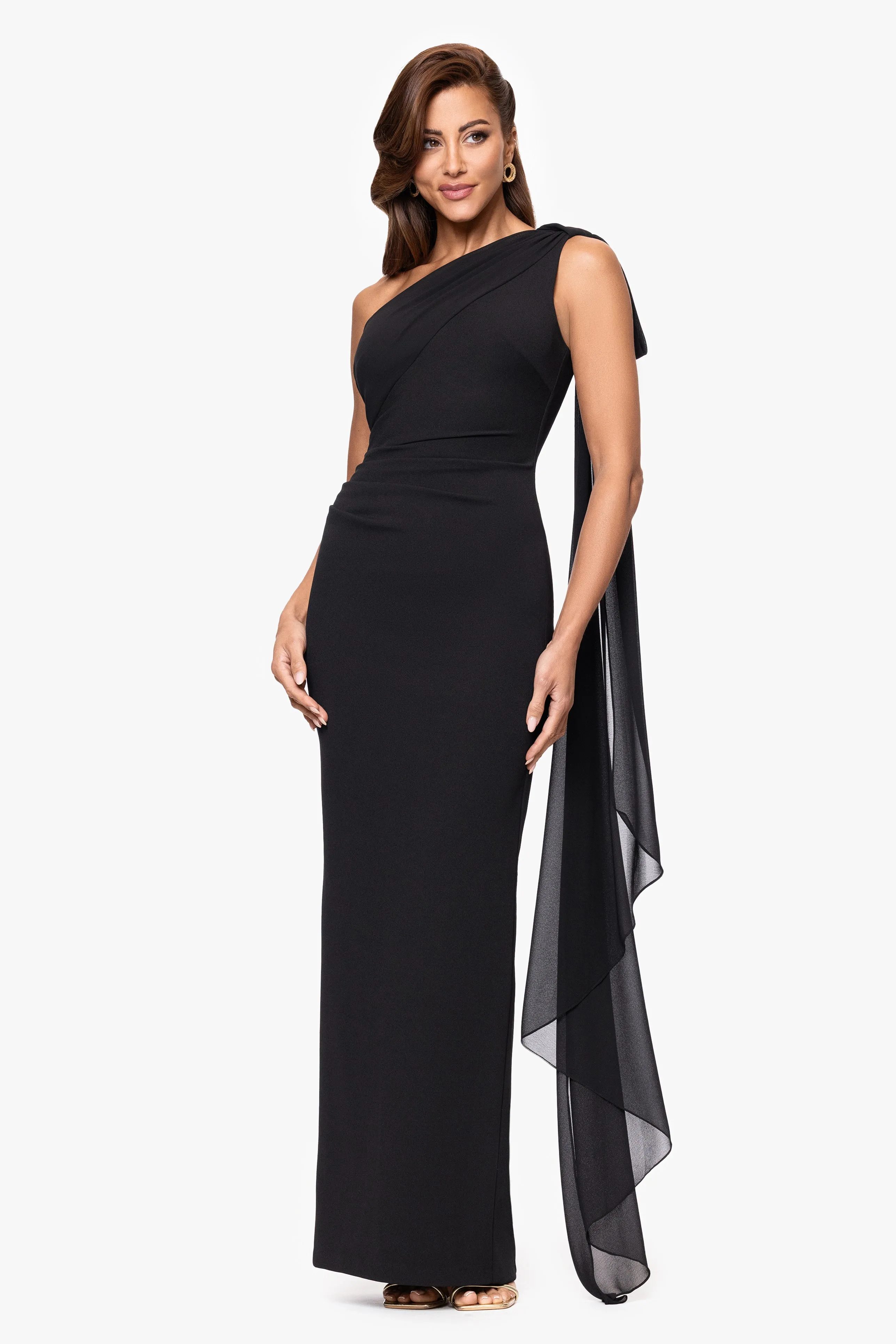 "Grace" Scuba Crepe and Chiffon Cascading One Shoulder Shash Floor Length Dress sold by Xscape product image thumbnail 4