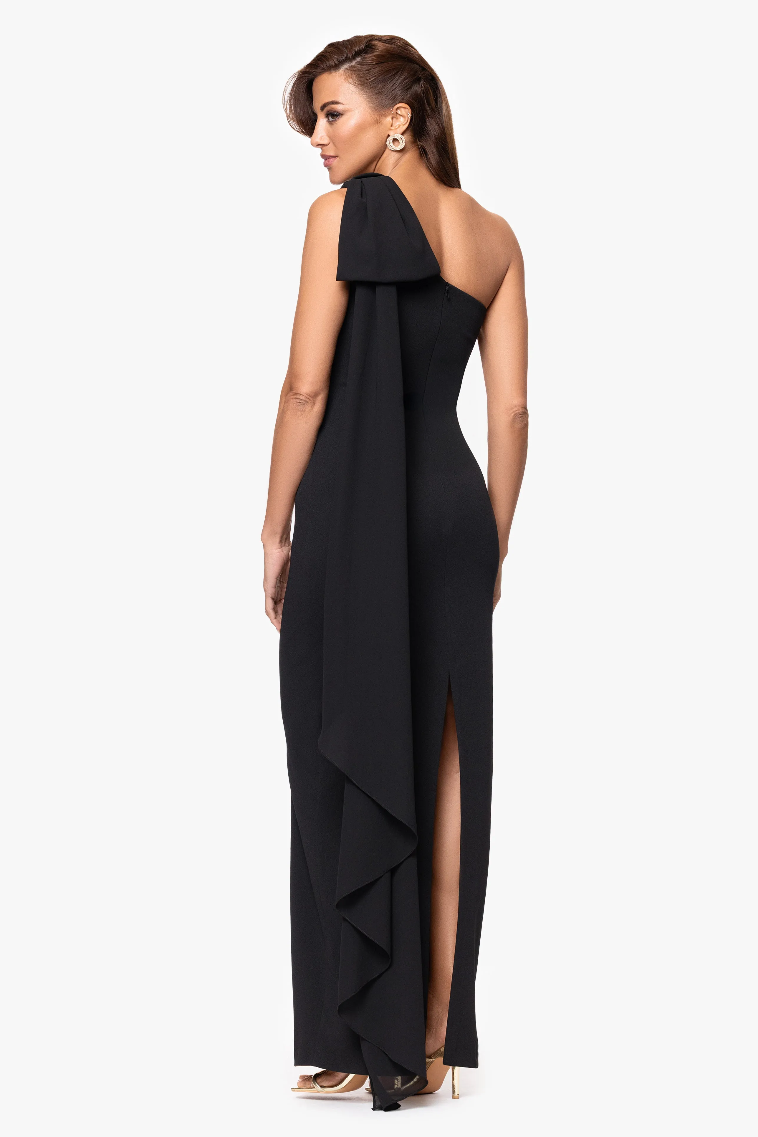 "Grace" Scuba Crepe and Chiffon Cascading One Shoulder Shash Floor Length Dress sold by Xscape product image thumbnail 3