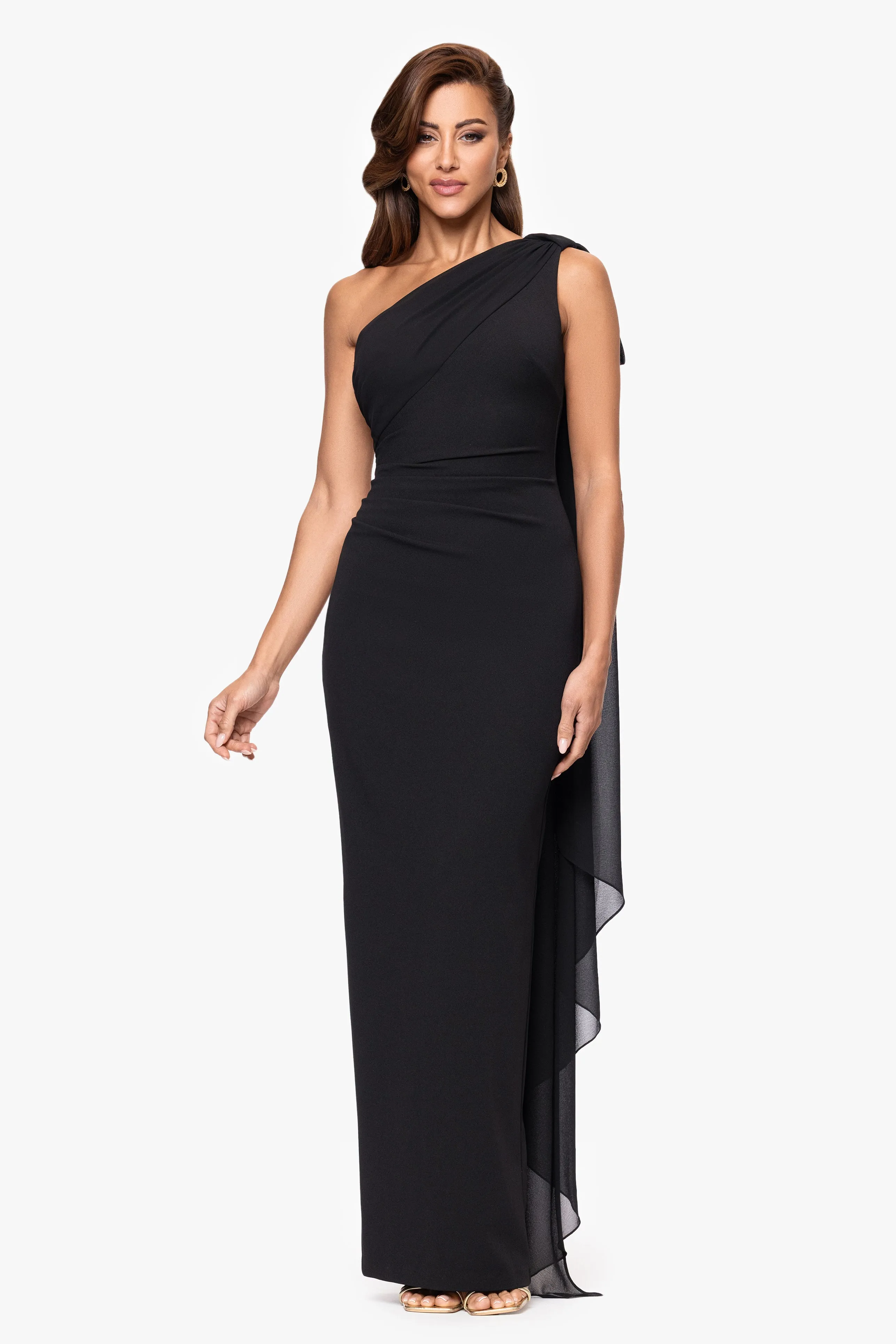 "Grace" Scuba Crepe and Chiffon Cascading One Shoulder Shash Floor Length Dress sold by Xscape