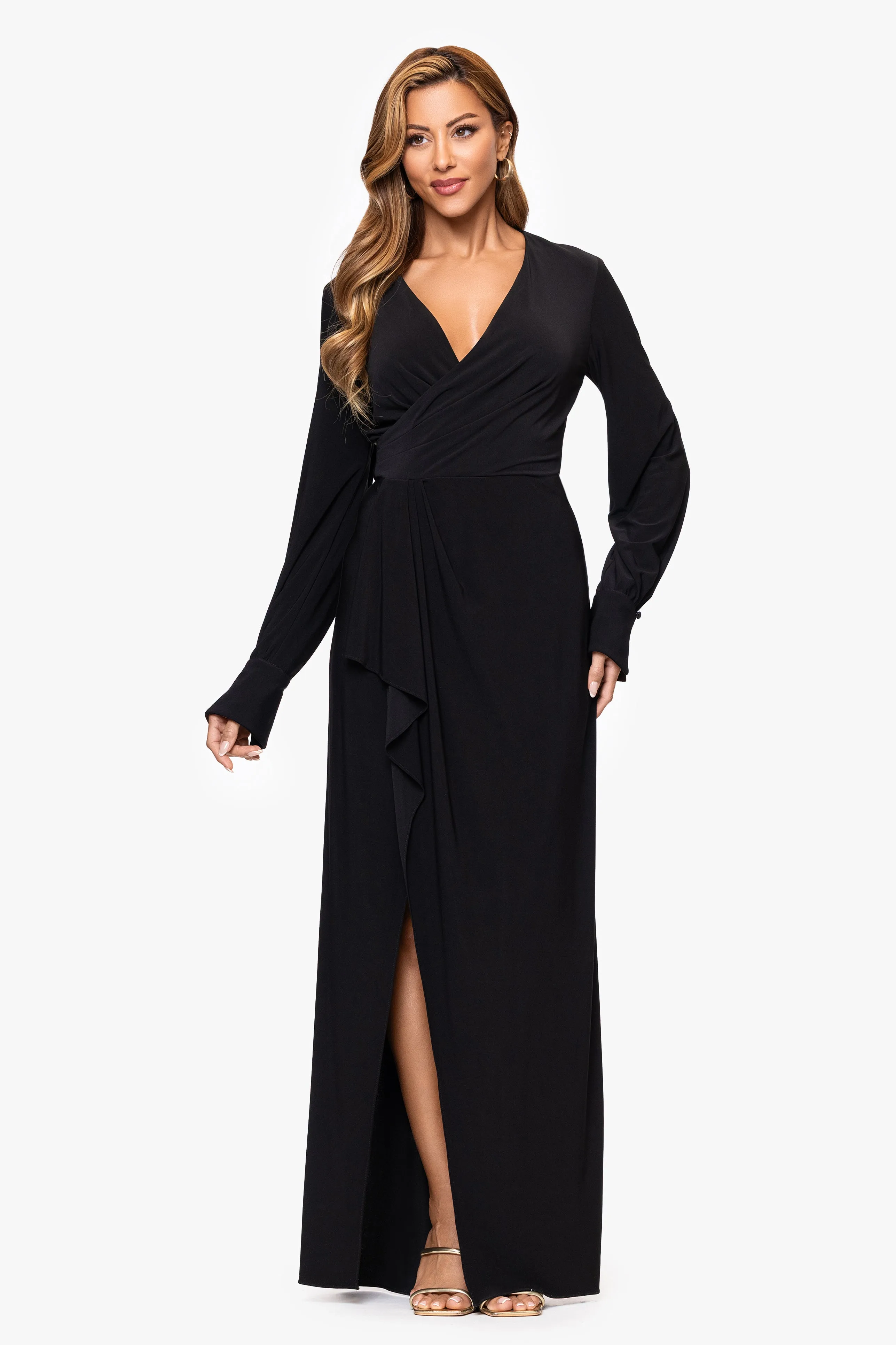 "Melissandra" Jersey Knit Long Bell Sleeve V-Neck Floor Length Dress sold by Xscape