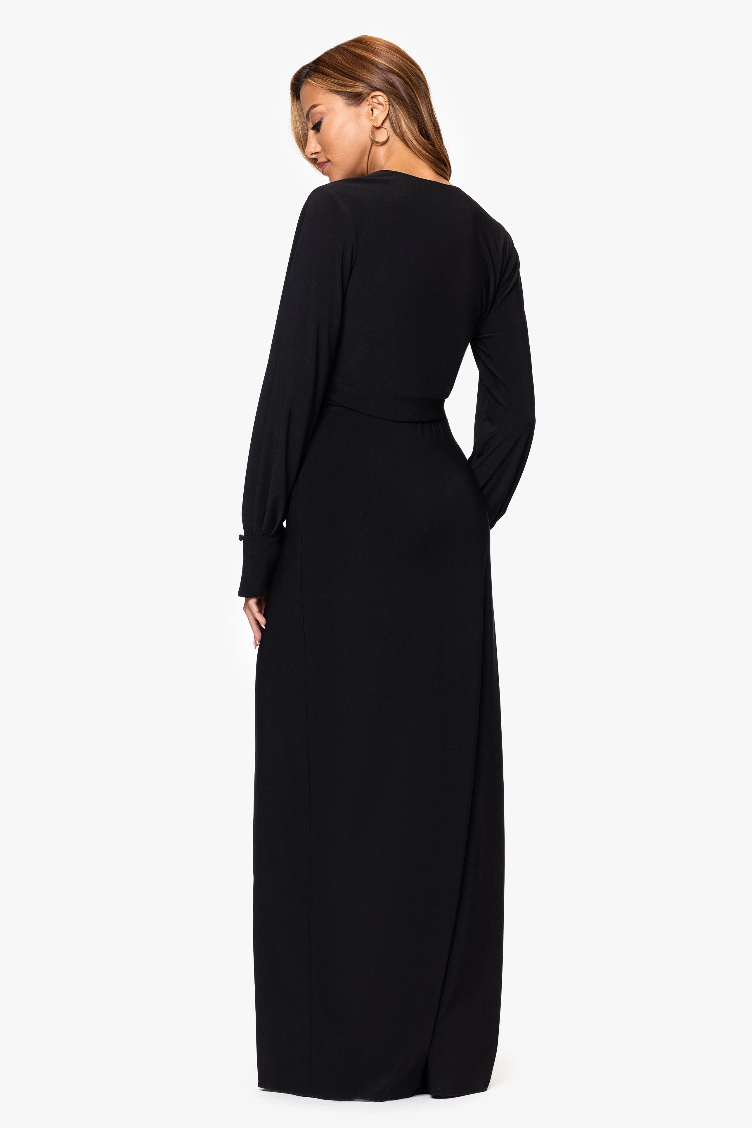 "Melissandra" Jersey Knit Long Bell Sleeve V-Neck Floor Length Dress sold by Xscape product image thumbnail 3