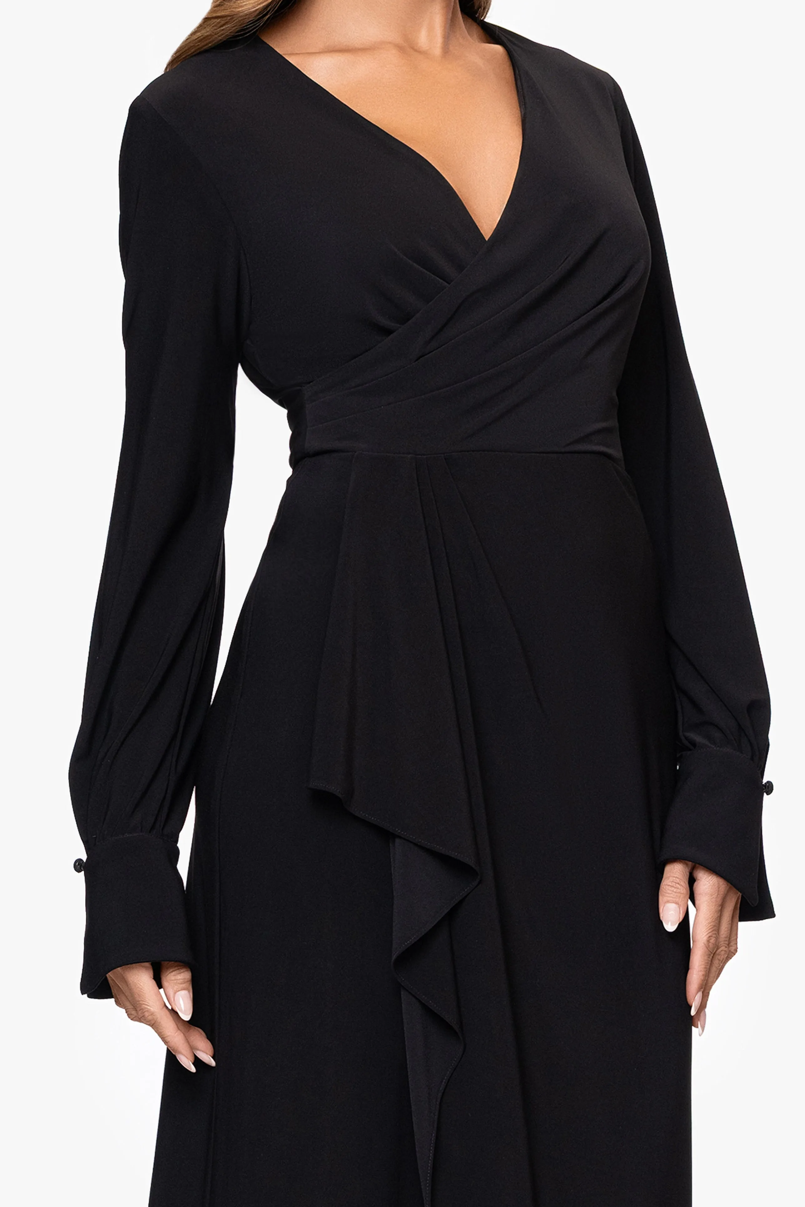 "Melissandra" Jersey Knit Long Bell Sleeve V-Neck Floor Length Dress sold by Xscape product image thumbnail 2