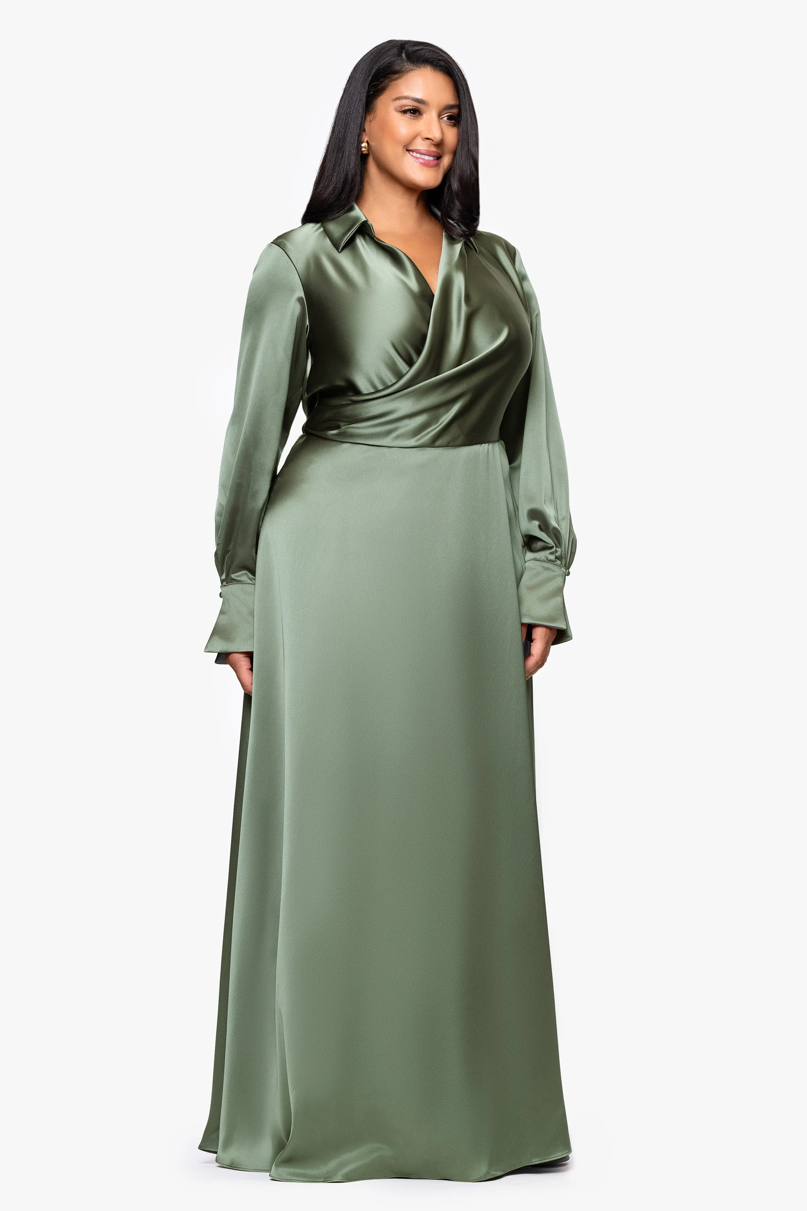 Plus "Kelandra" Satin Collared V-Neck Long Sleeve Floor Length Dress sold by Xscape product image thumbnail 4