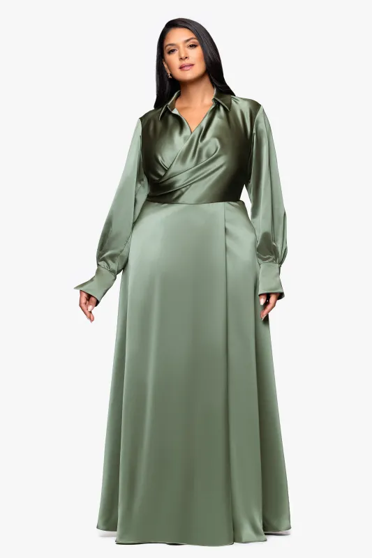 Plus "Kelandra" Satin Collared V-Neck Long Sleeve Floor Length Dress sold by Xscape