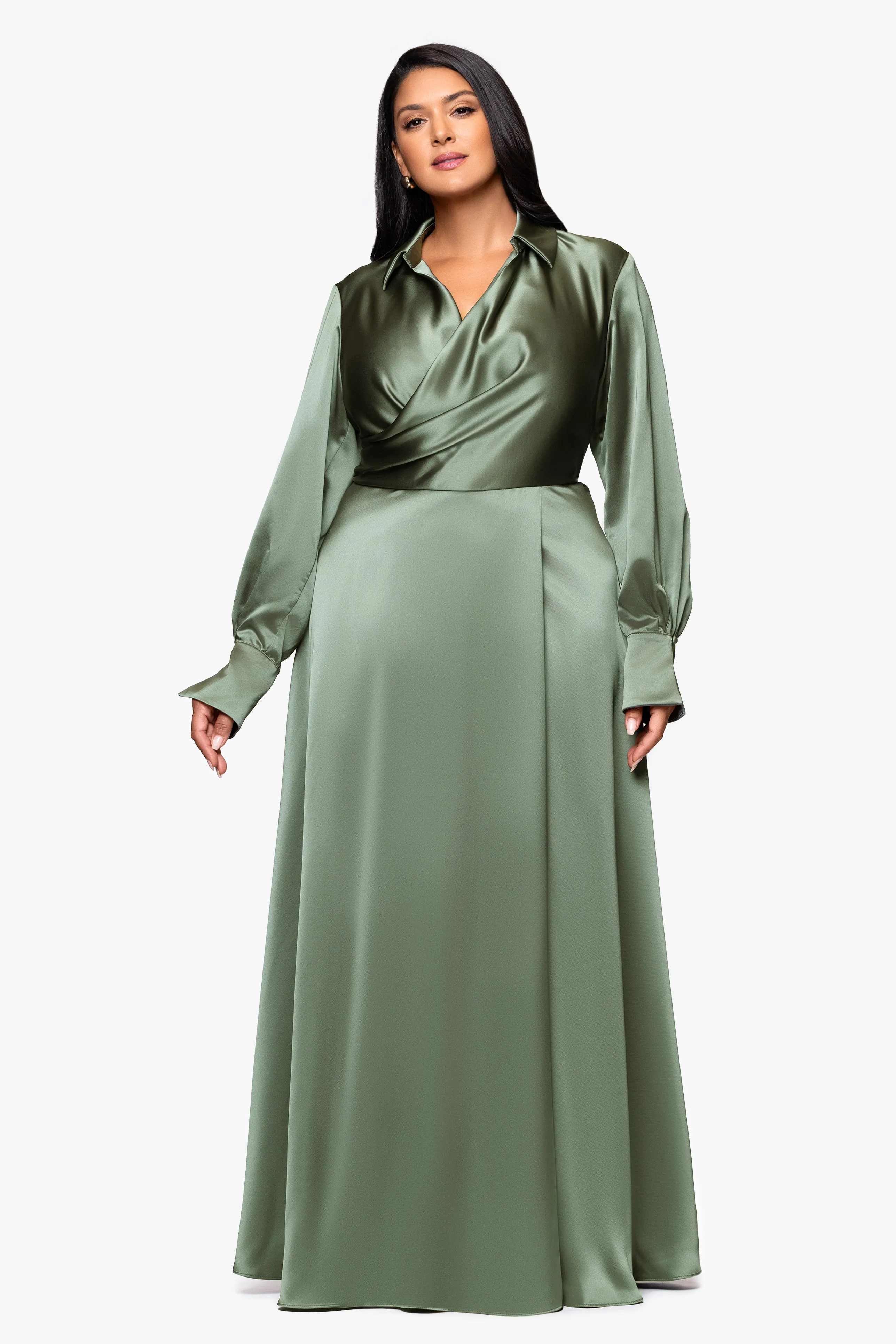 Plus "Kelandra" Satin Collared V-Neck Long Sleeve Floor Length Dress sold by Xscape