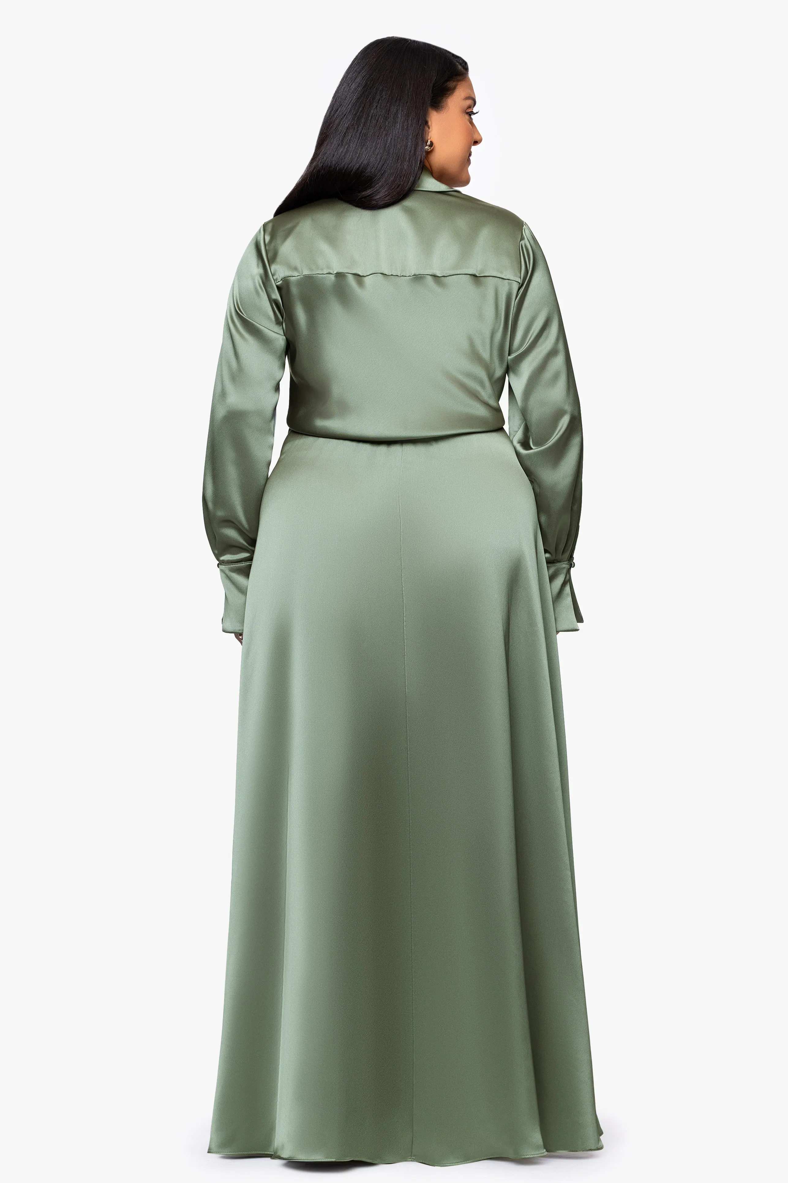 Plus "Kelandra" Satin Collared V-Neck Long Sleeve Floor Length Dress sold by Xscape product image thumbnail 3