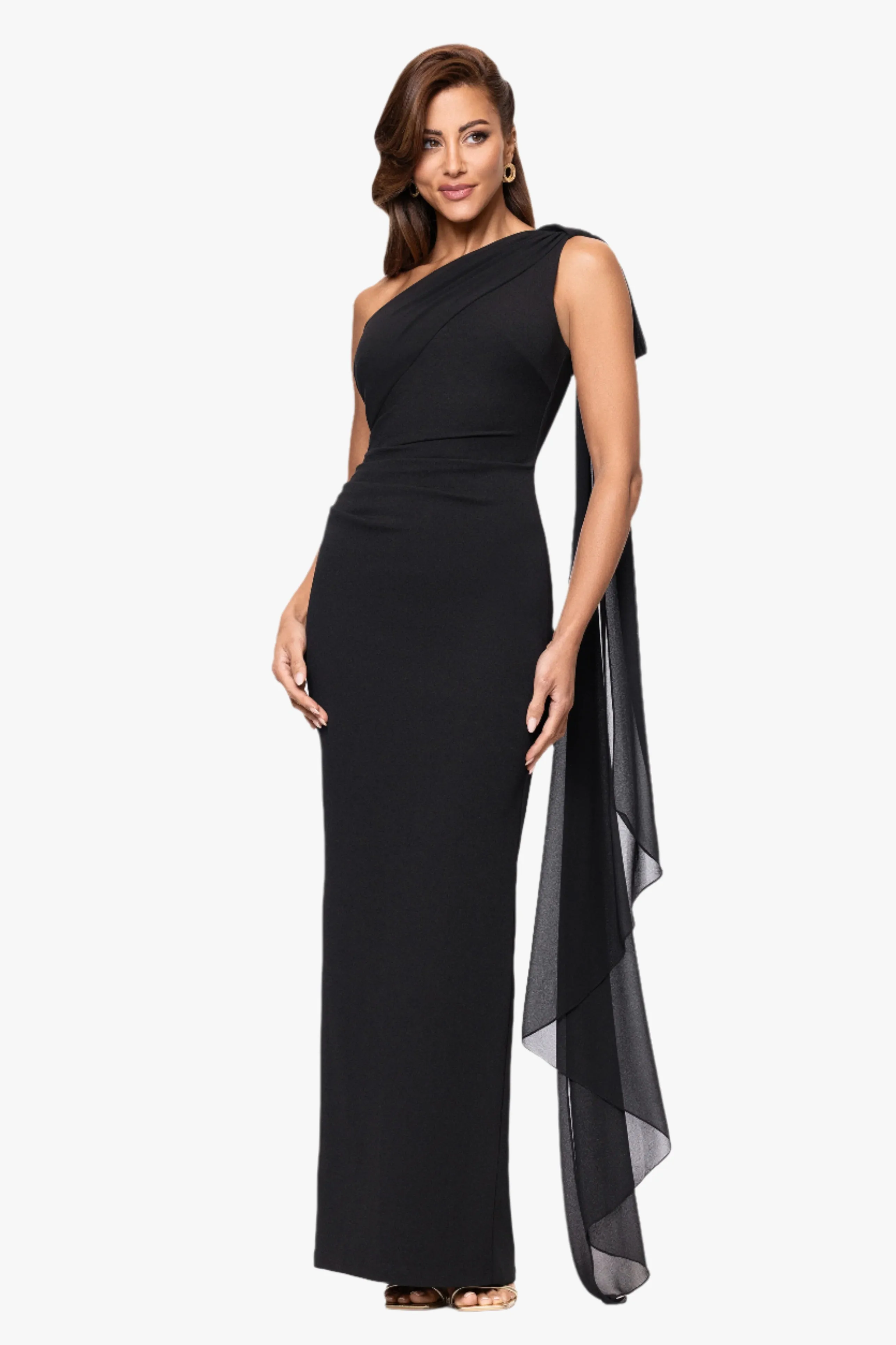 Petite "Grace" Scuba Crepe and Chiffon Cascading One Shoulder Shash Floor Length Dress sold by Xscape product image thumbnail 3