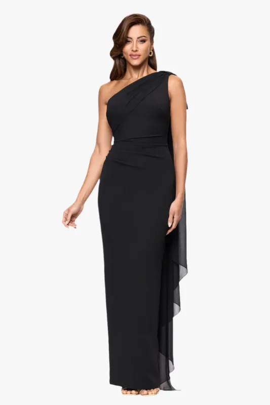 Petite "Grace" Scuba Crepe and Chiffon Cascading One Shoulder Shash Floor Length Dress sold by Xscape