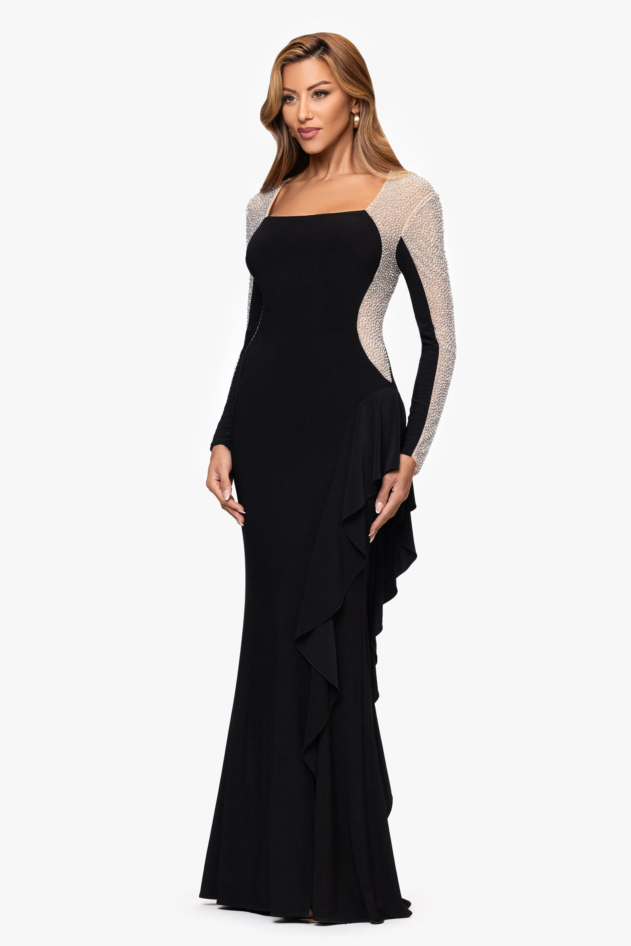 "Alexandria" Jersey Knit Caviar Beaded Square Neck Long Sleeve Ruffle Floor Length Dress sold by Xscape product image thumbnail 4