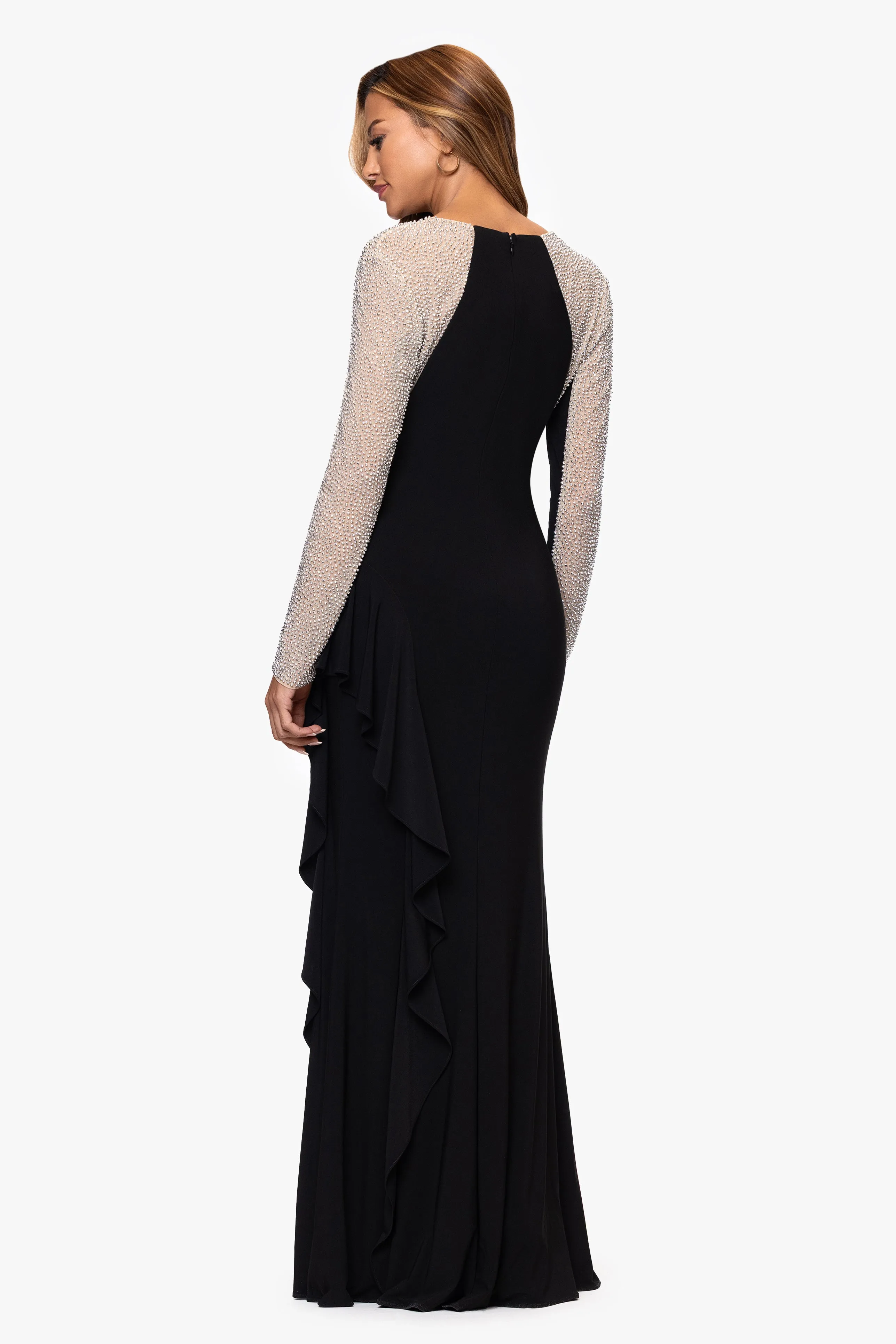 "Alexandria" Jersey Knit Caviar Beaded Square Neck Long Sleeve Ruffle Floor Length Dress sold by Xscape product image thumbnail 3