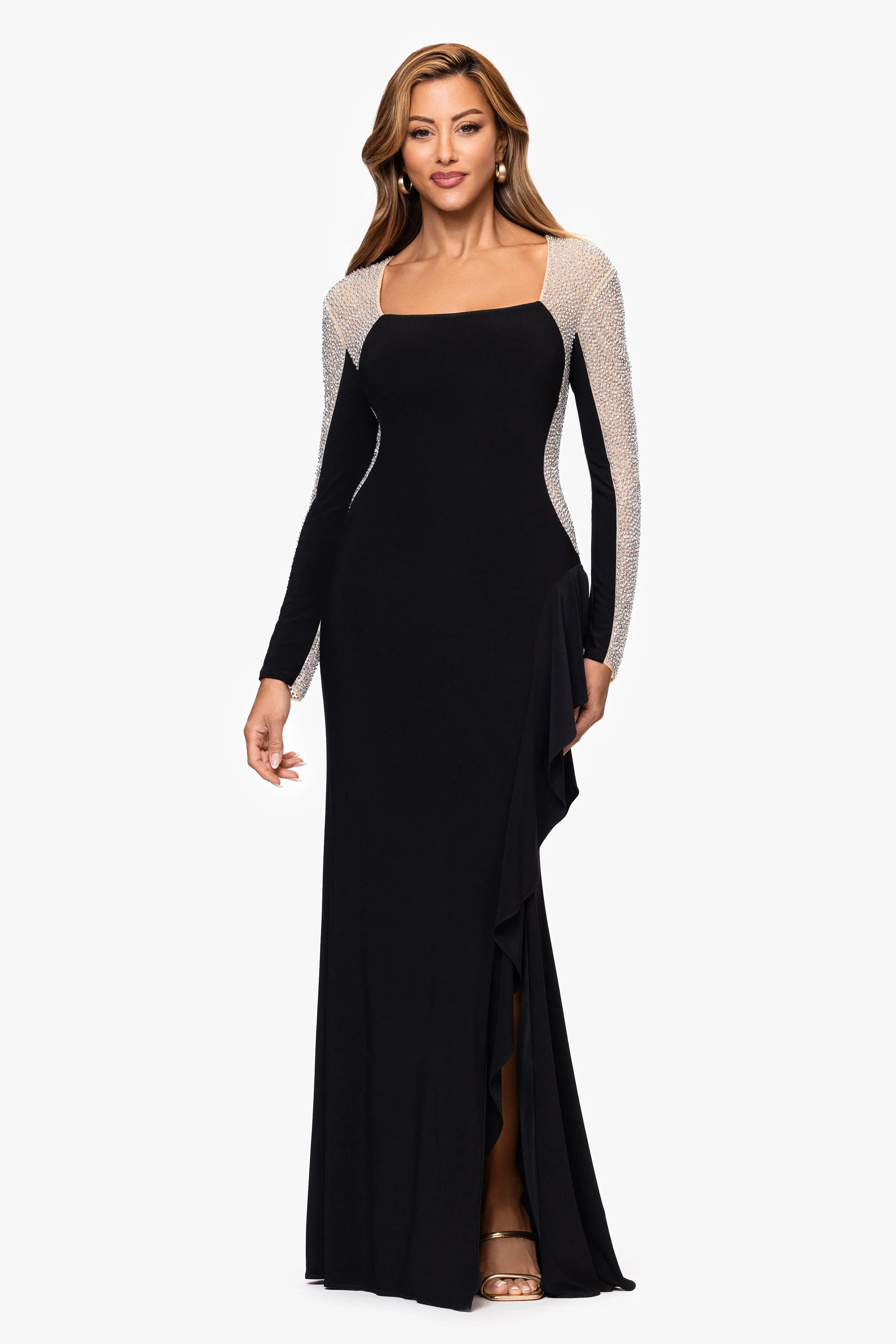 "Alexandria" Jersey Knit Caviar Beaded Square Neck Long Sleeve Ruffle Floor Length Dress sold by Xscape