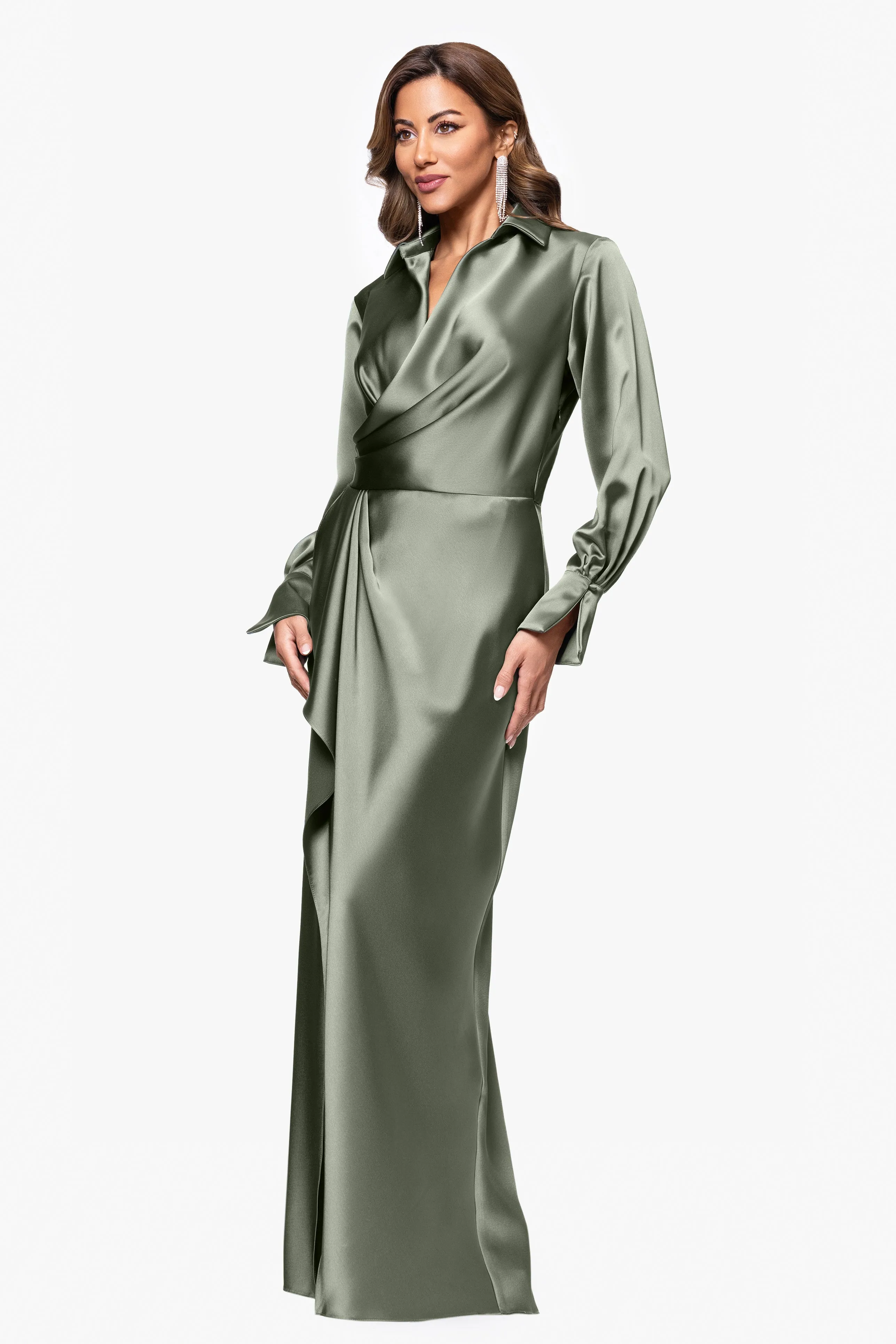 Petite "Emery" Long Satin Long Sleeve Collared Dress sold by Xscape