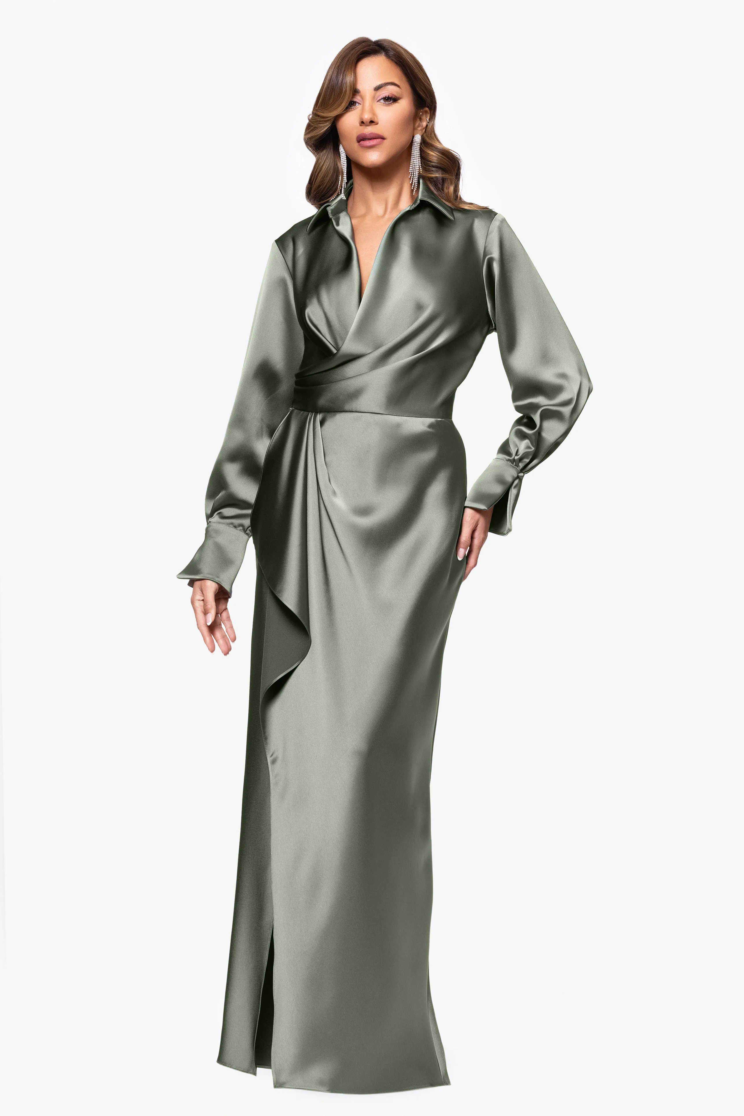 Petite "Emery" Long Satin Long Sleeve Collared Dress sold by Xscape product image thumbnail 4