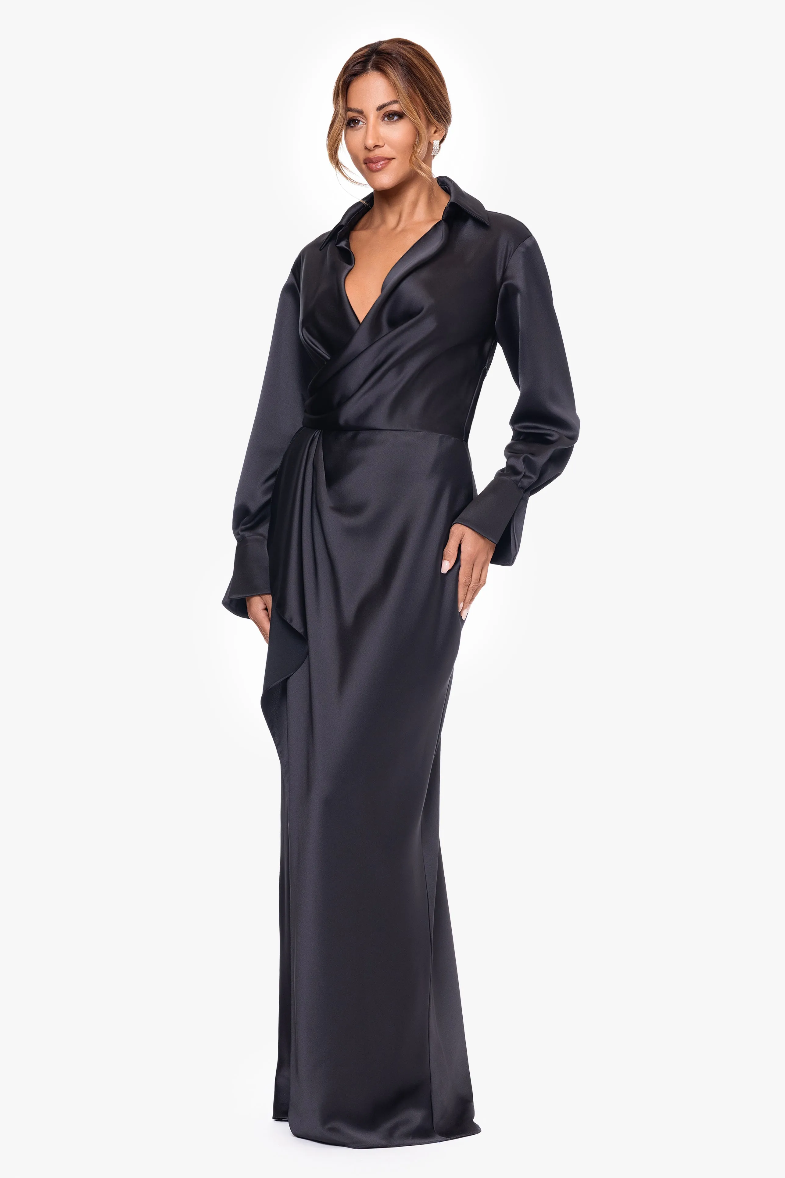 Petite "Emery" Long Satin Long Sleeve Collared Dress sold by Xscape product image thumbnail 4