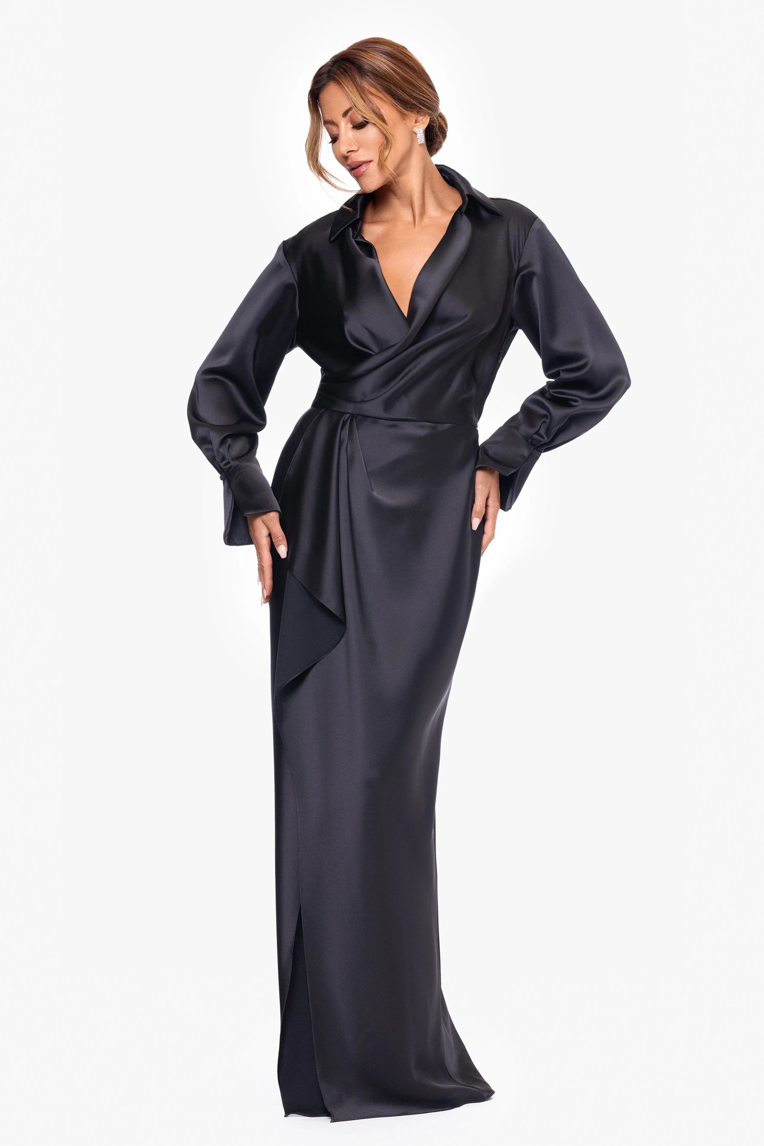 Petite "Emery" Long Satin Long Sleeve Collared Dress sold by Xscape product image thumbnail 3