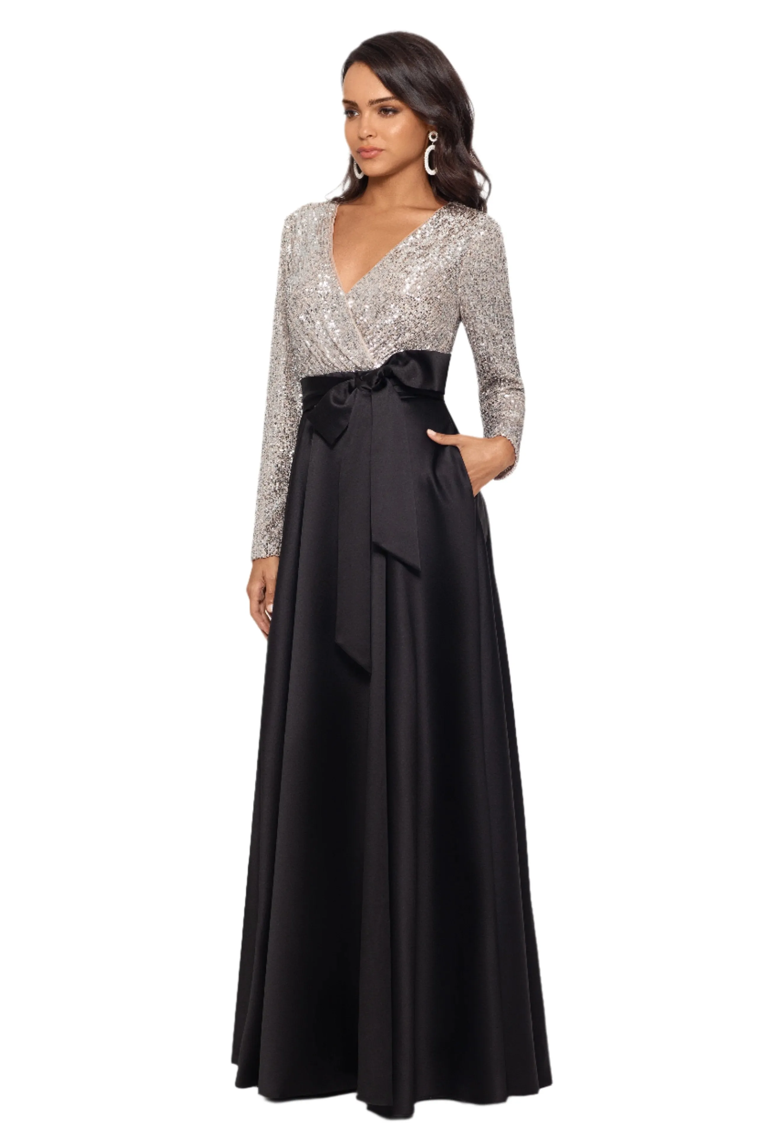 Petite "Dixie" V-Neck Long Sleeve Sequin Top Waistband with Bow Gown sold by Xscape product image thumbnail 3