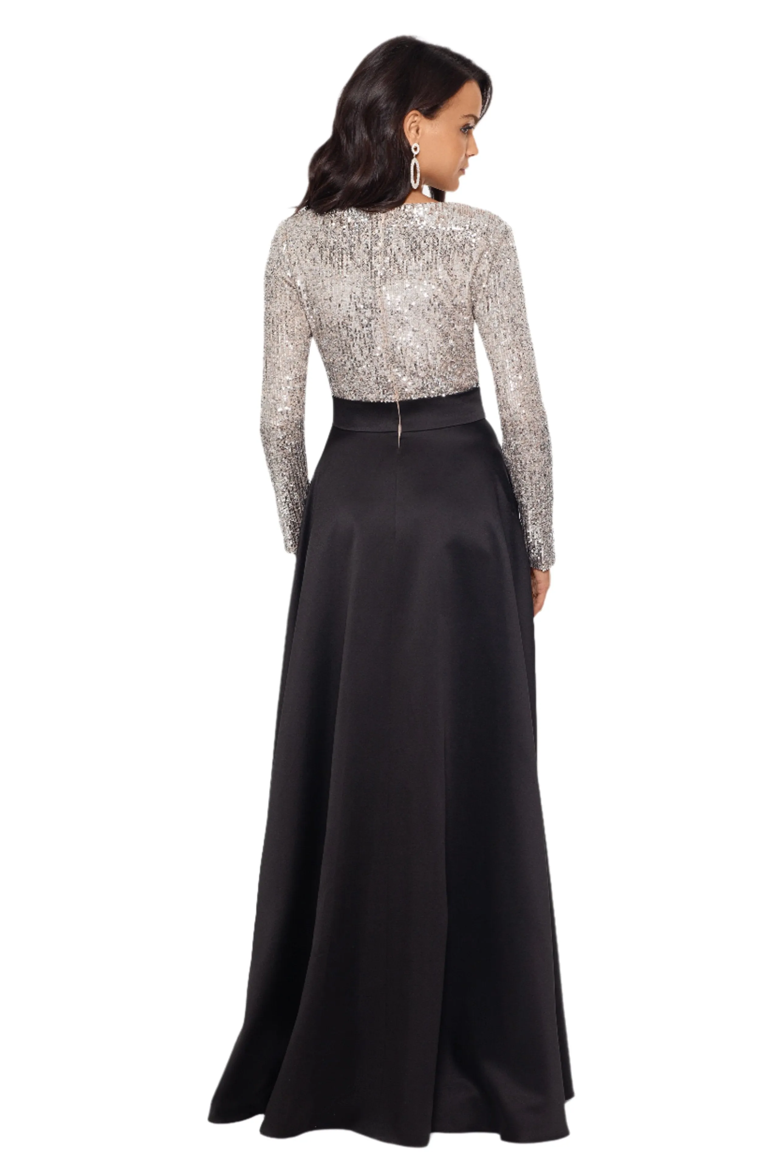Petite "Dixie" V-Neck Long Sleeve Sequin Top Waistband with Bow Gown sold by Xscape product image thumbnail 2