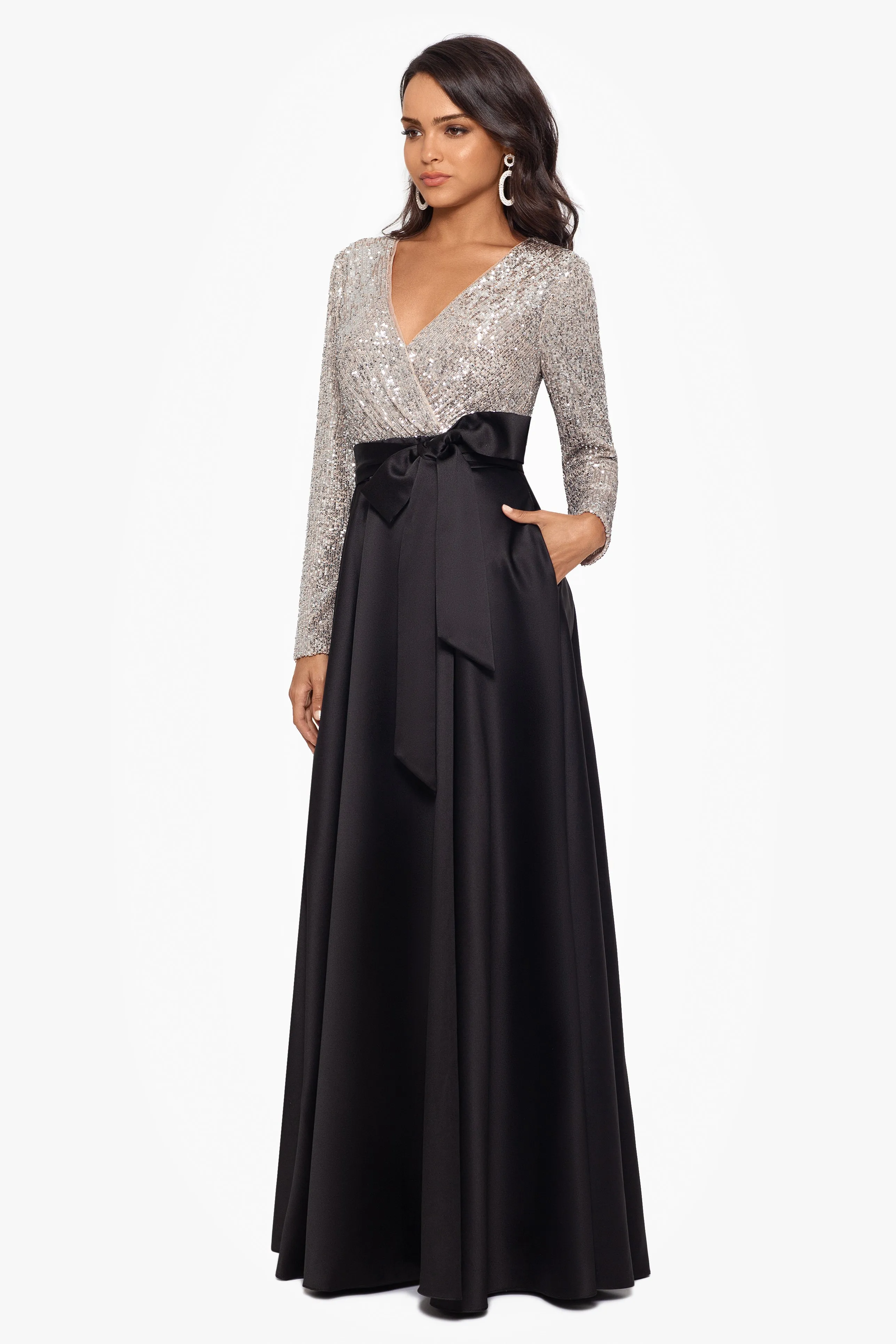 "Dixie" V-Neck Long Sleeve Sequin Top Waistband with Bow Gown sold by Xscape product image thumbnail 3