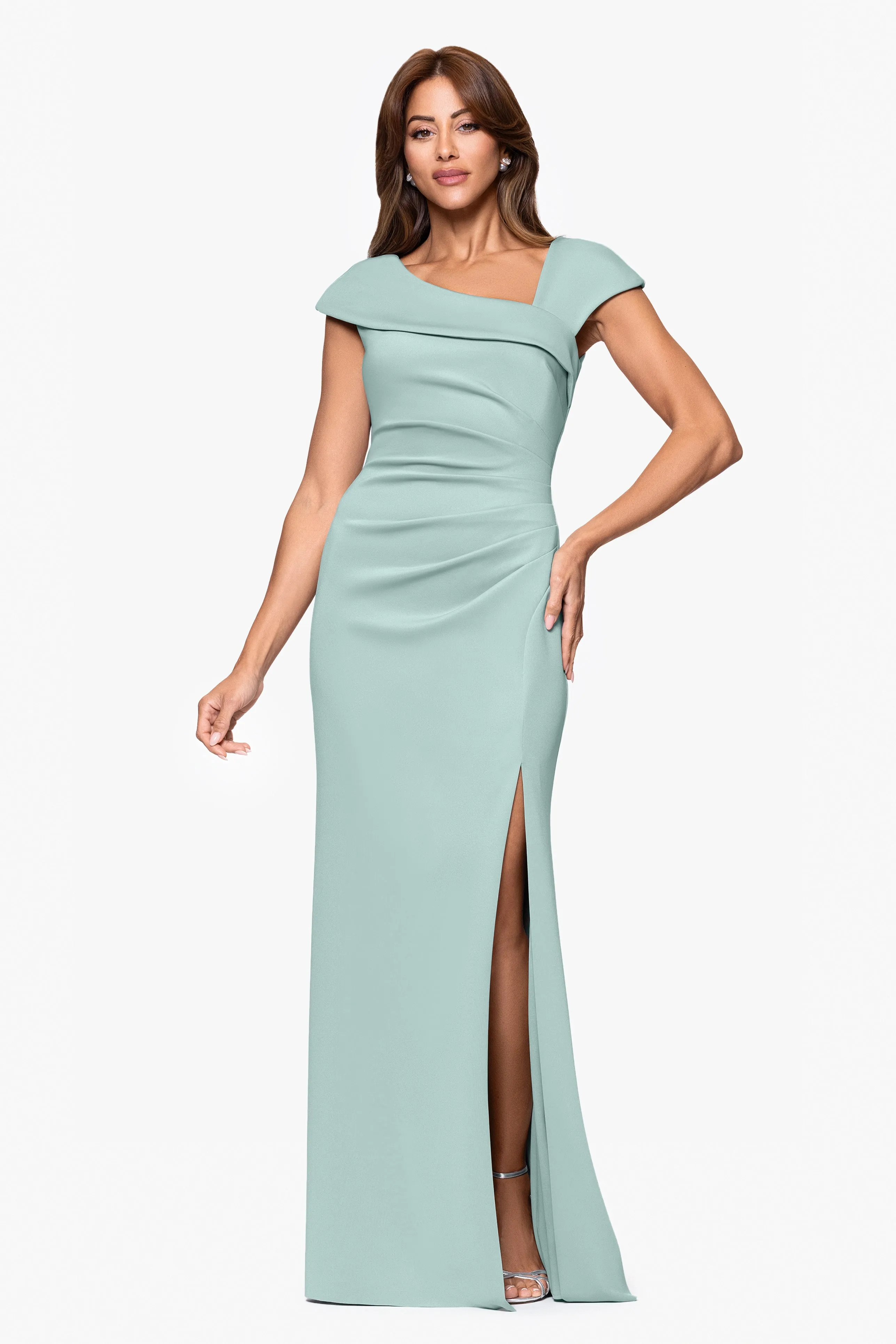 Petite "Lenore " Long Asymmetrical Neckline Scuba Dress sold by Xscape
