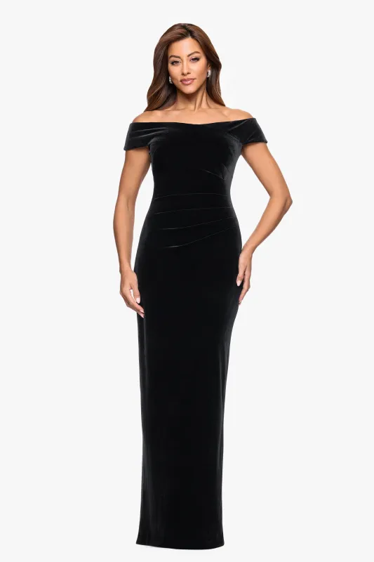 "Agatha" Velvet Off the Shoulder Rouched Waist Floor Length Dress sold by Xscape