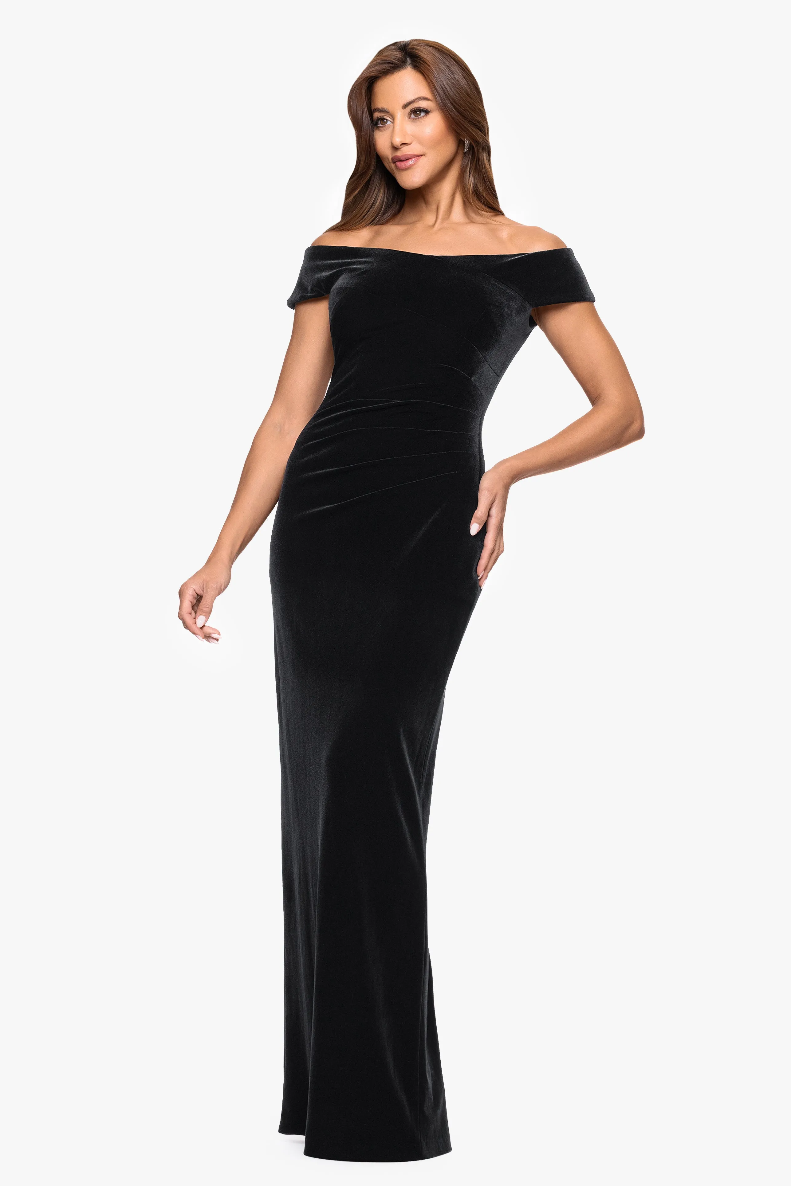 Petite "Agatha" Velvet Off the Shoulder Rouched Waist Floor Length Dress sold by Xscape product image thumbnail 4