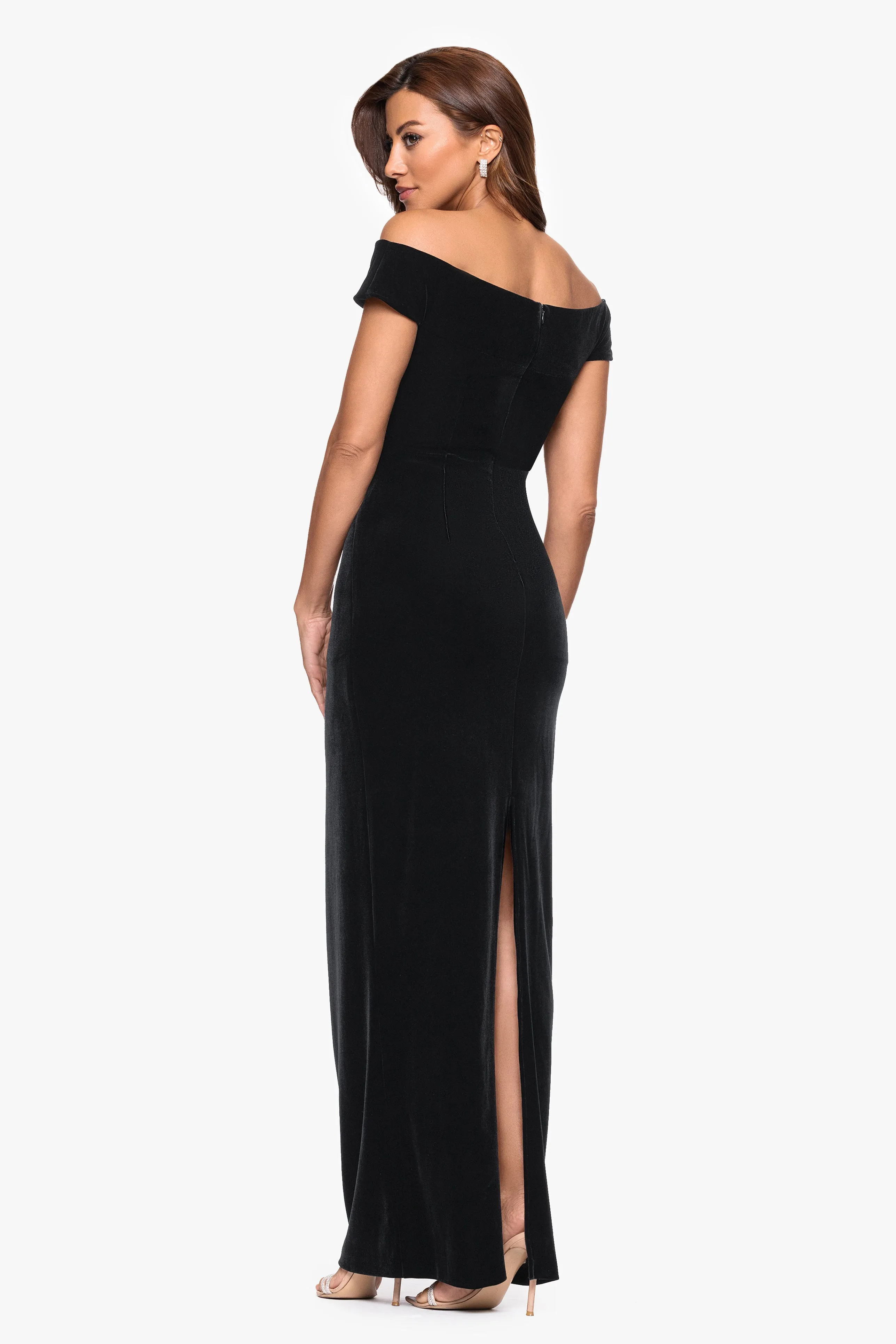 Petite "Agatha" Velvet Off the Shoulder Rouched Waist Floor Length Dress sold by Xscape product image thumbnail 3