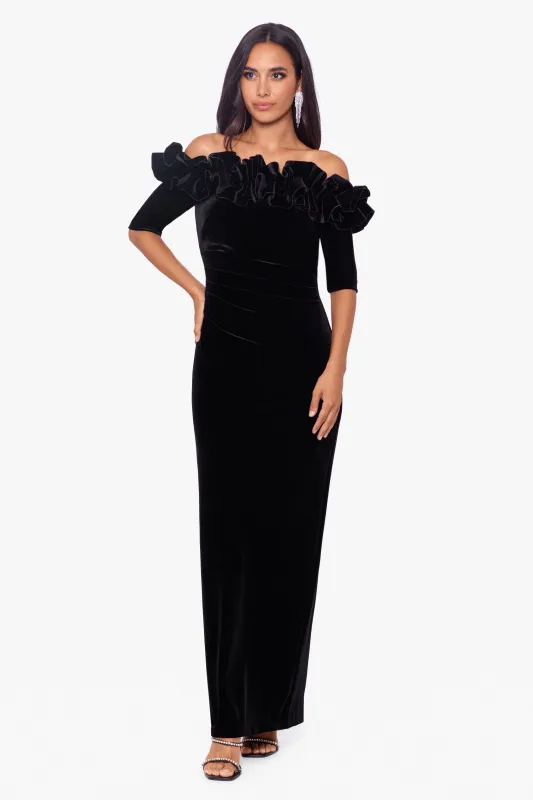 "Tiffany" Long Velvet 3/4 Sleeve Ruffle Top Dress sold by Xscape