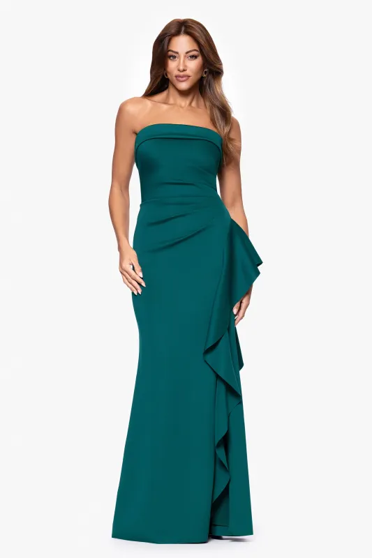 "Jacqueline" Techno Scuba Strapless Ruffle Floor Length Dress sold by Xscape
