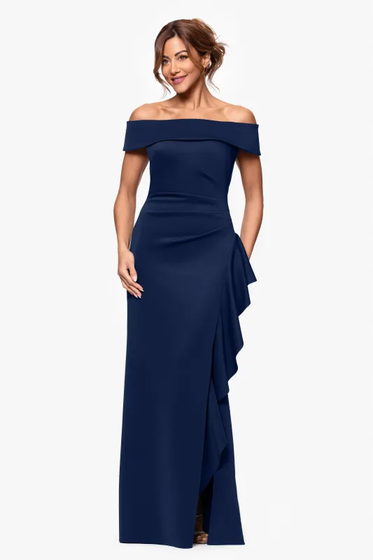 Petite "Dolly" Techno Scuba Off the Shoulder Ruffle Floor Length Dress sold by Xscape
